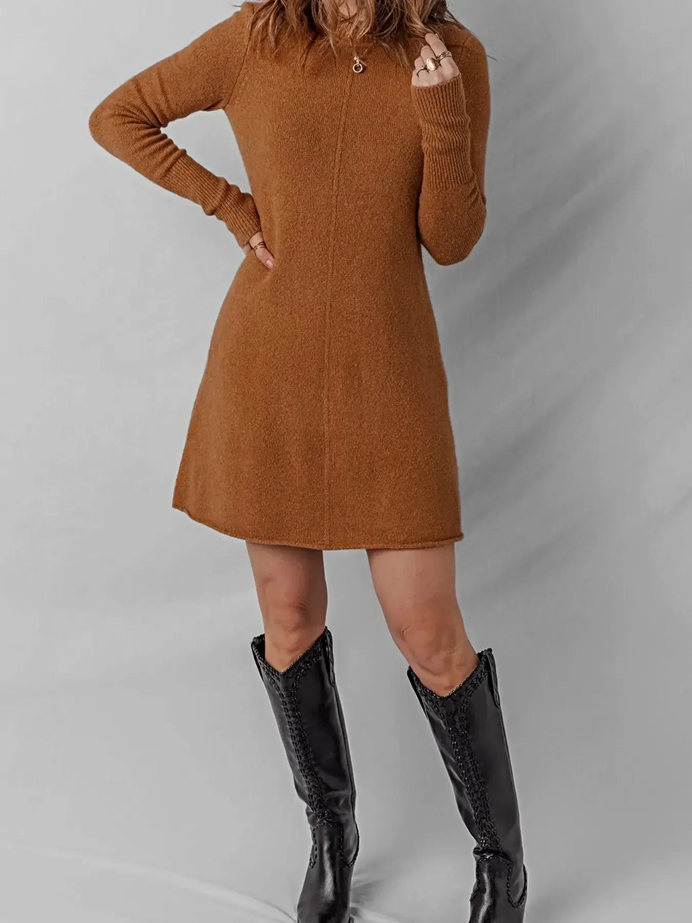 Ribbed Detail Solid Color Mini Sweater Dress -