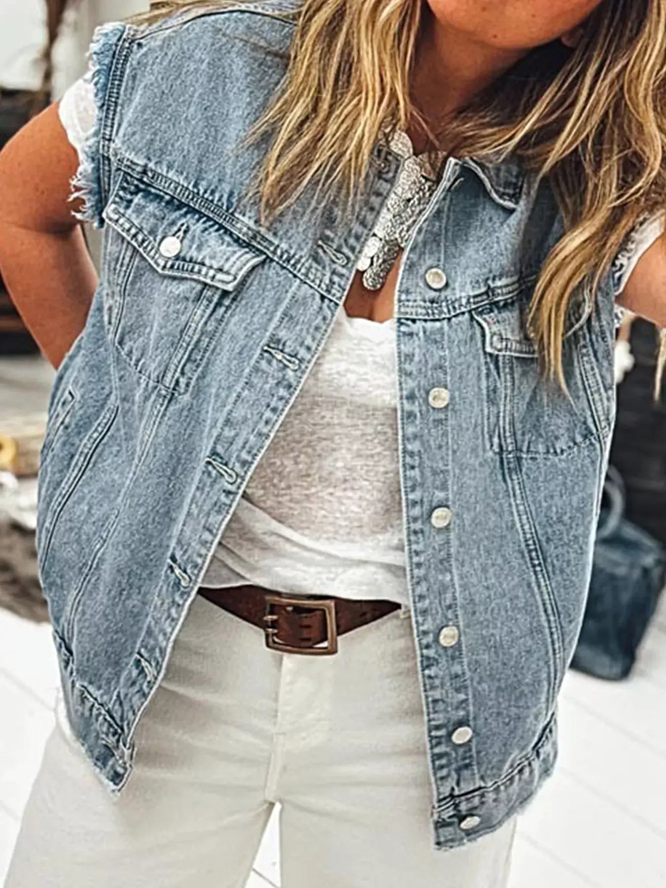 Button Flap Pocket Frayed Detail Denim Vest -