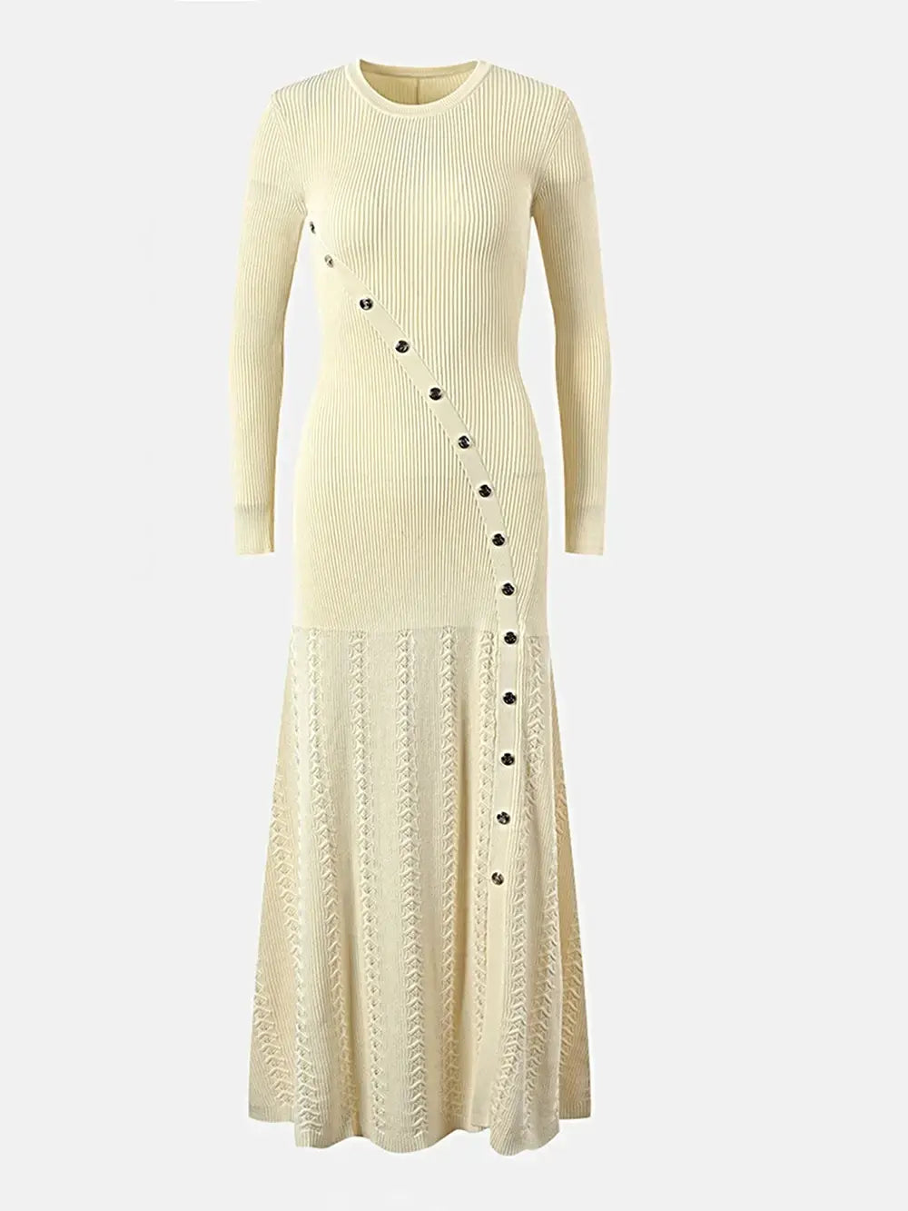 Openwork Round Neck Long Sleeve Sweater Dress -