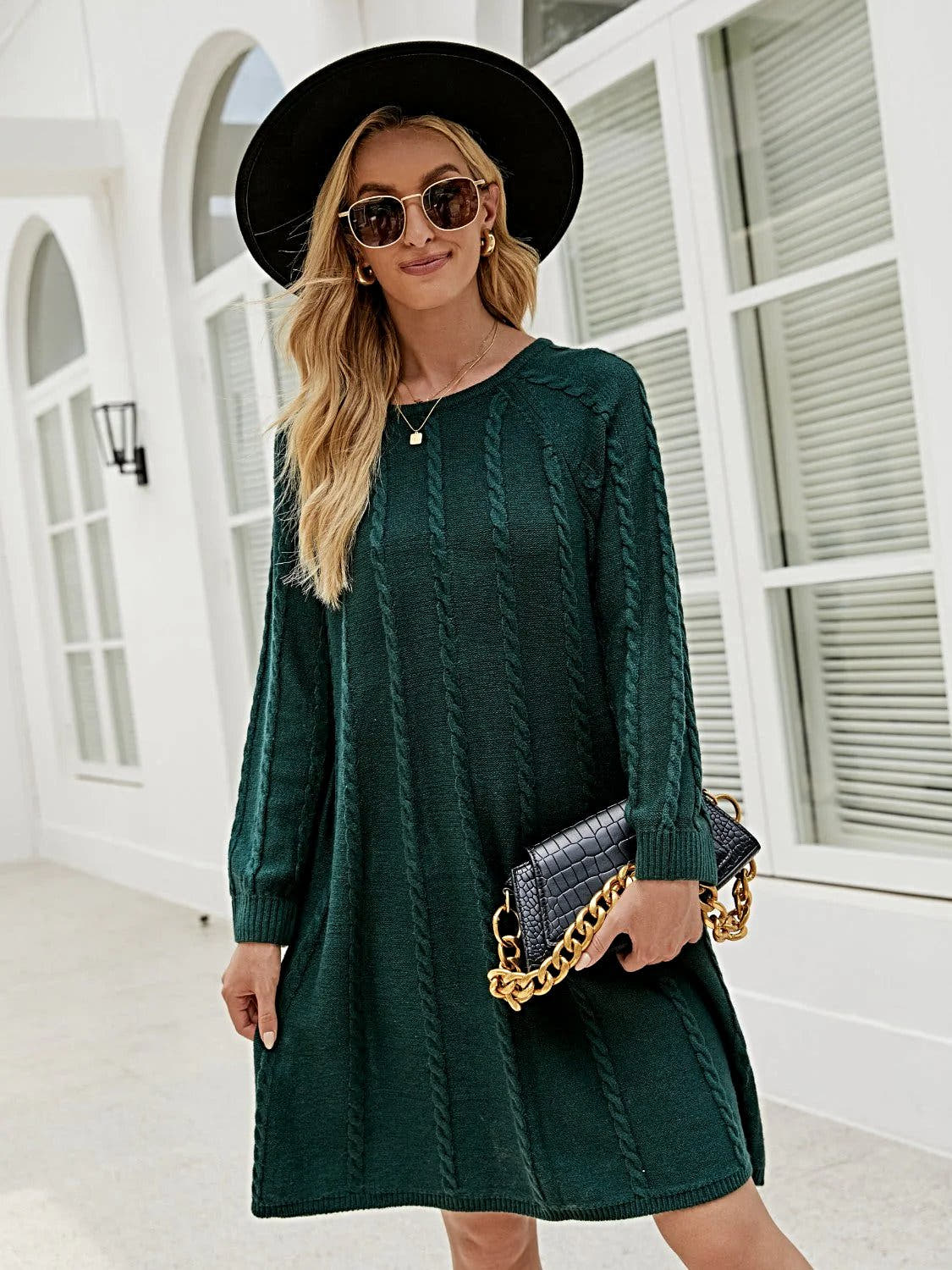 Cable Knit Sweater Dress for Women - Soft Acrylic, Slightly Stretchy, Long Sleeve - Trendy Style Trendsi