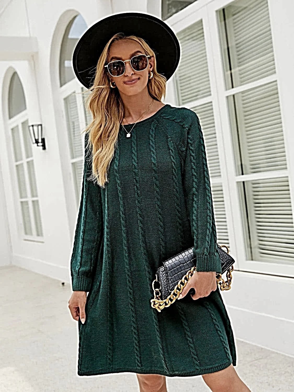 Cable Knit Sweater Dress for Women - Soft Acrylic, Slightly Stretchy, Long Sleeve - Trendy Style -