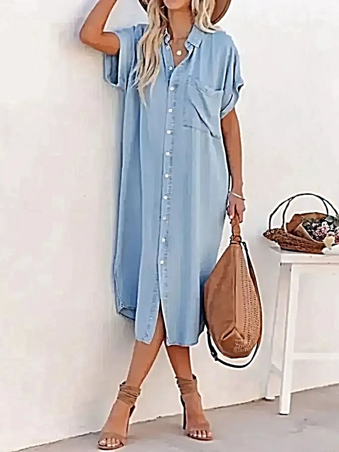 Button Down Denim Midi Shirt Dress -