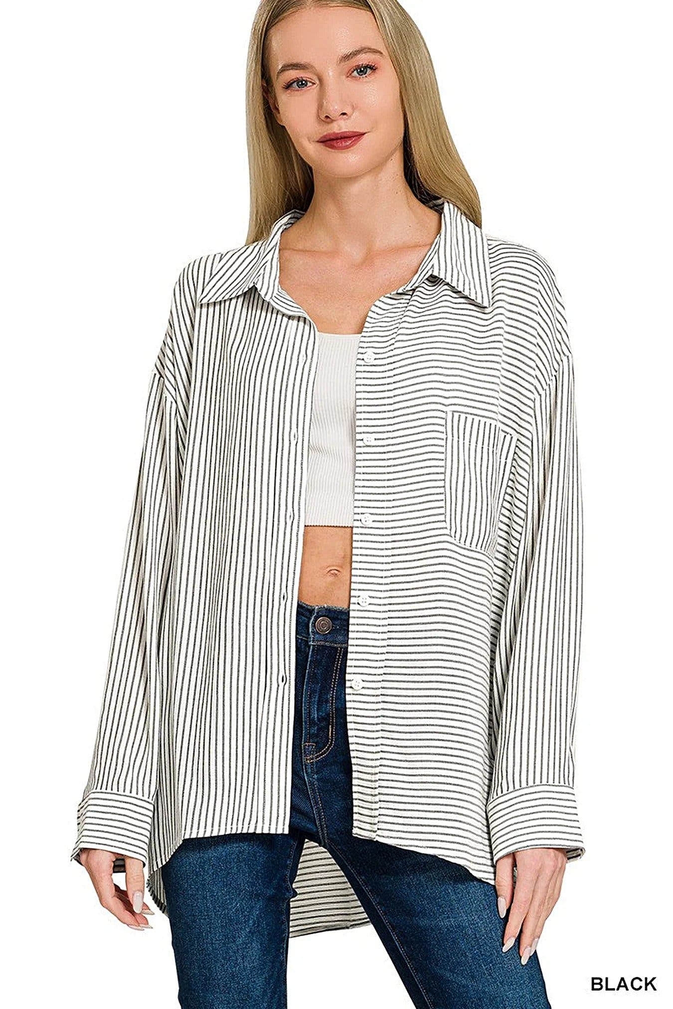 Zenana Woven Stripe Button Down Shirt -