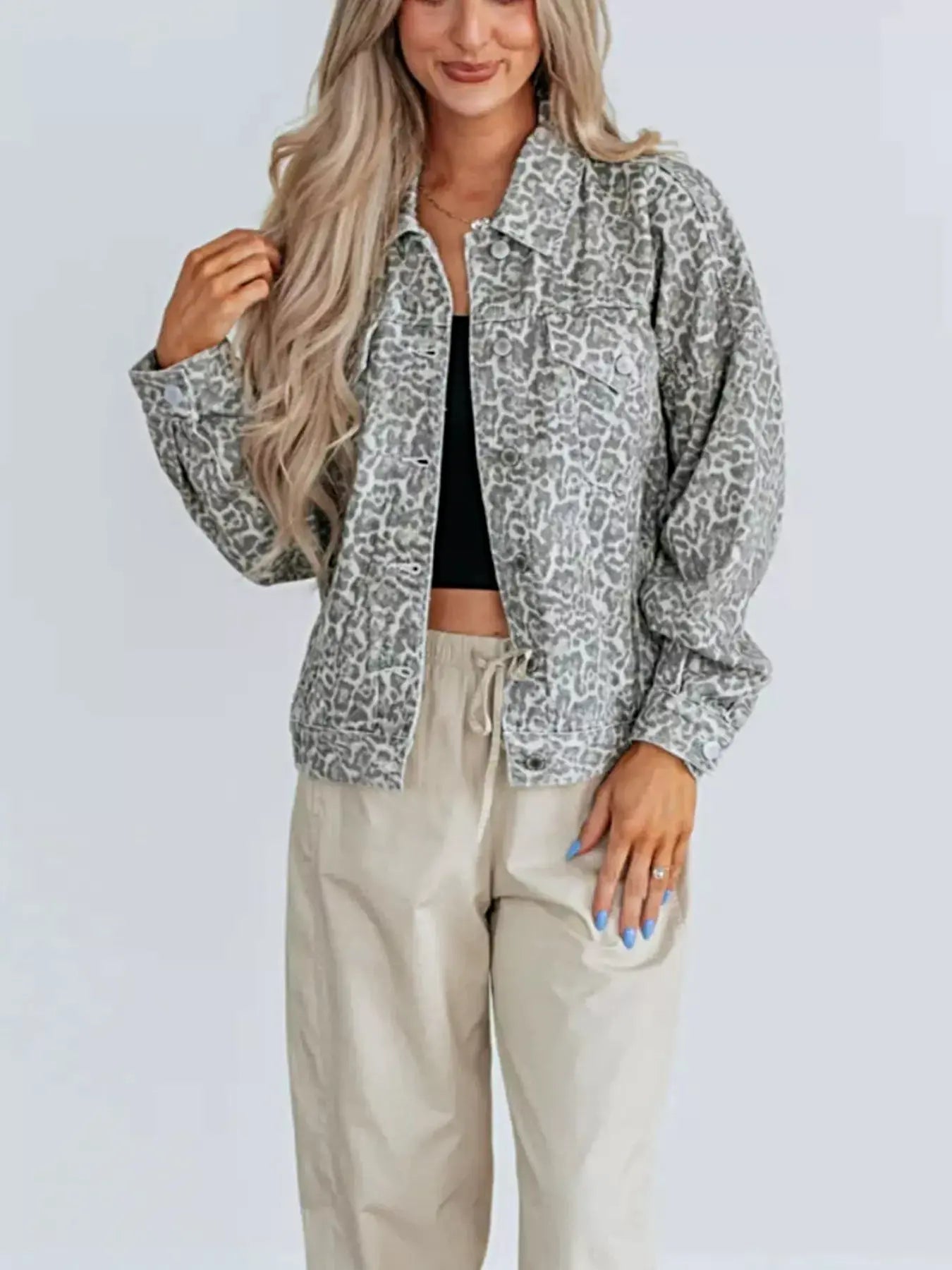 Leopard Button Up Denim Jacket -