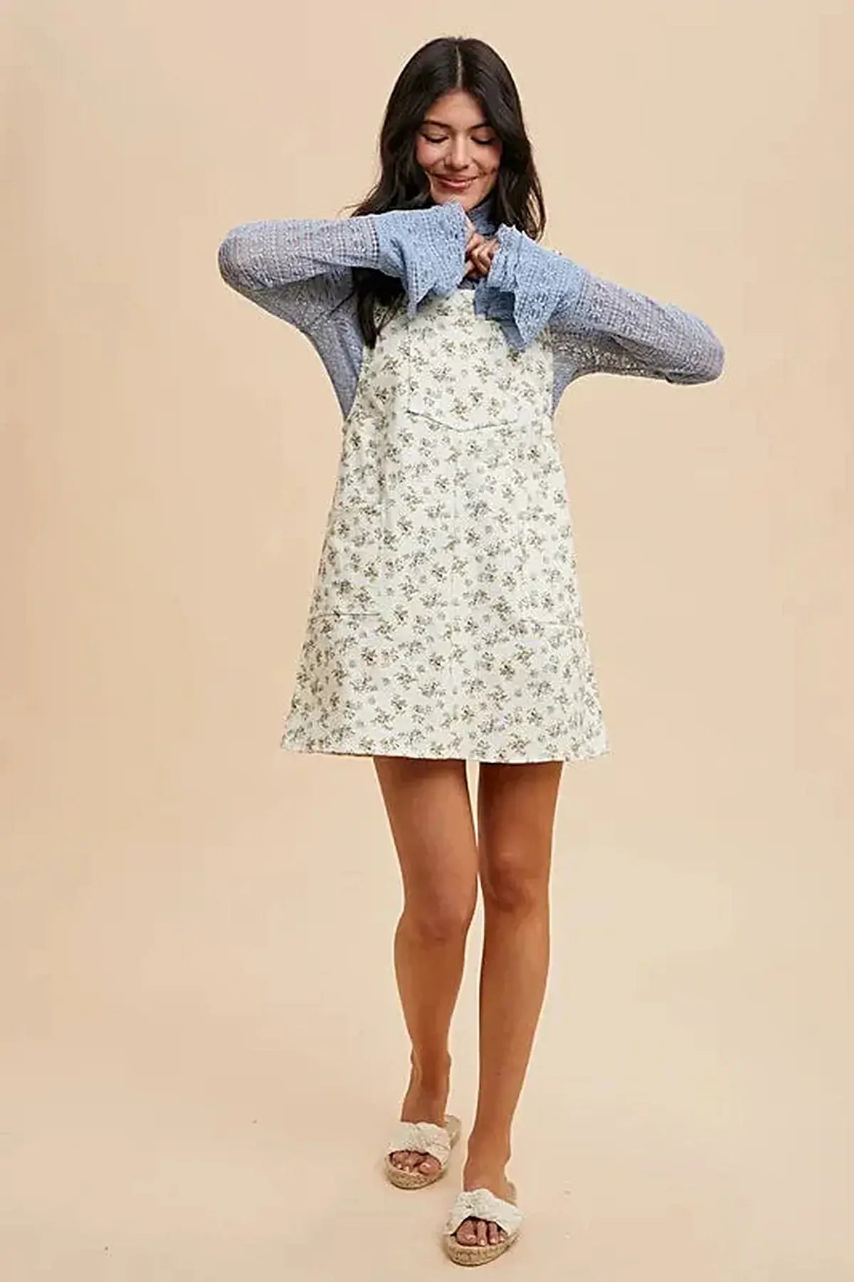 Annie Wear Stretch Ditsy Print Denim Overall Mini Dress -