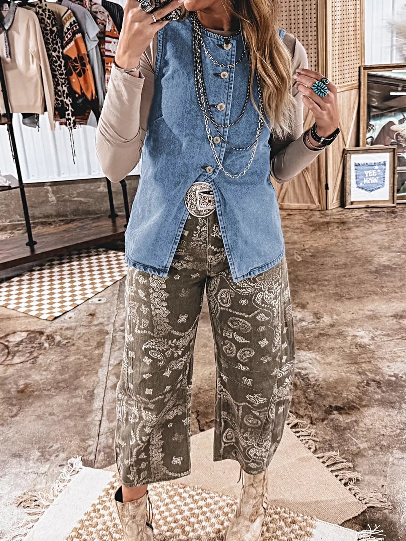 Buttoned Front Slit Denim Vest -