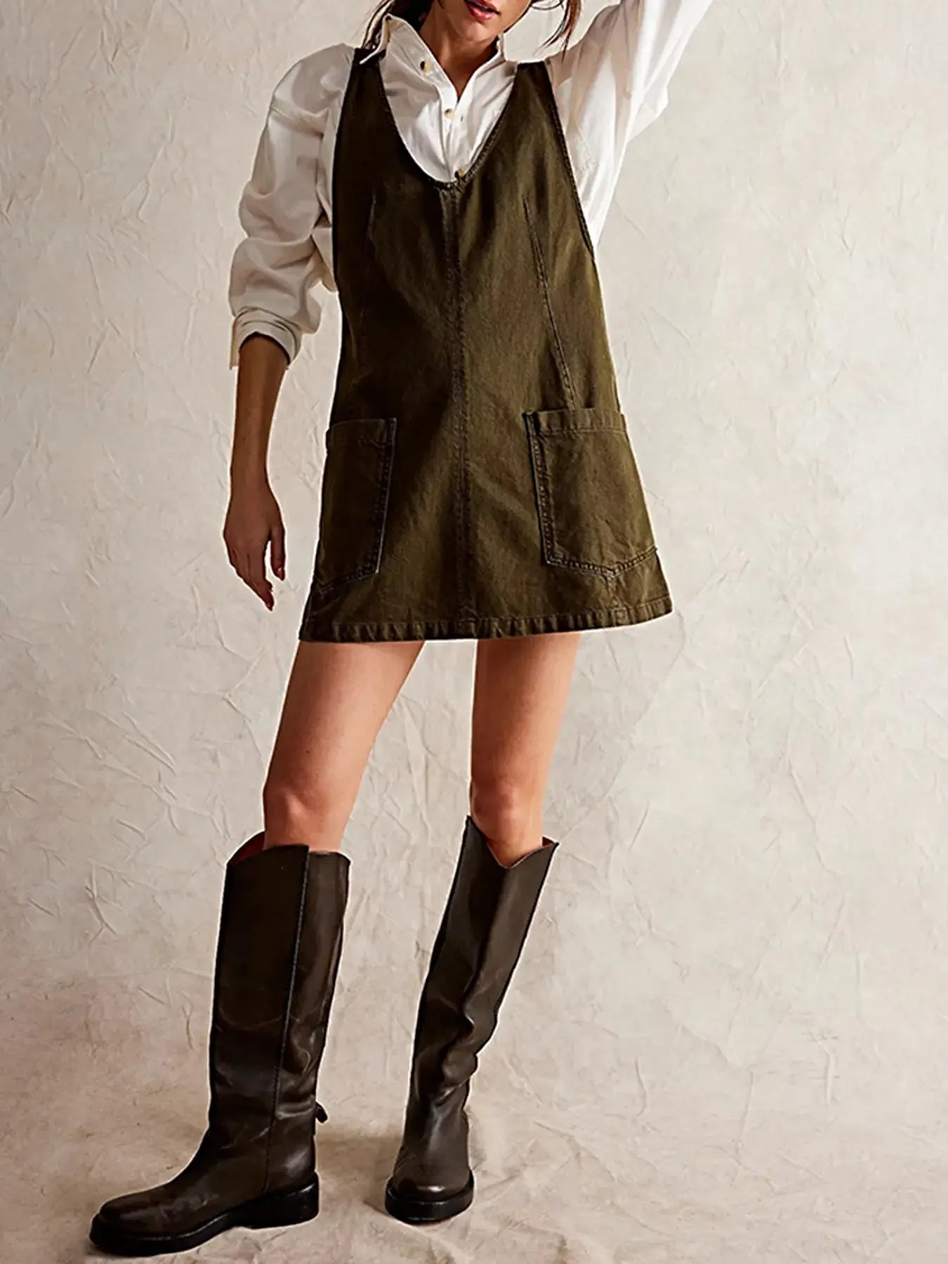 Oversized V-Neck Denim Tank Dress with Front Pockets -