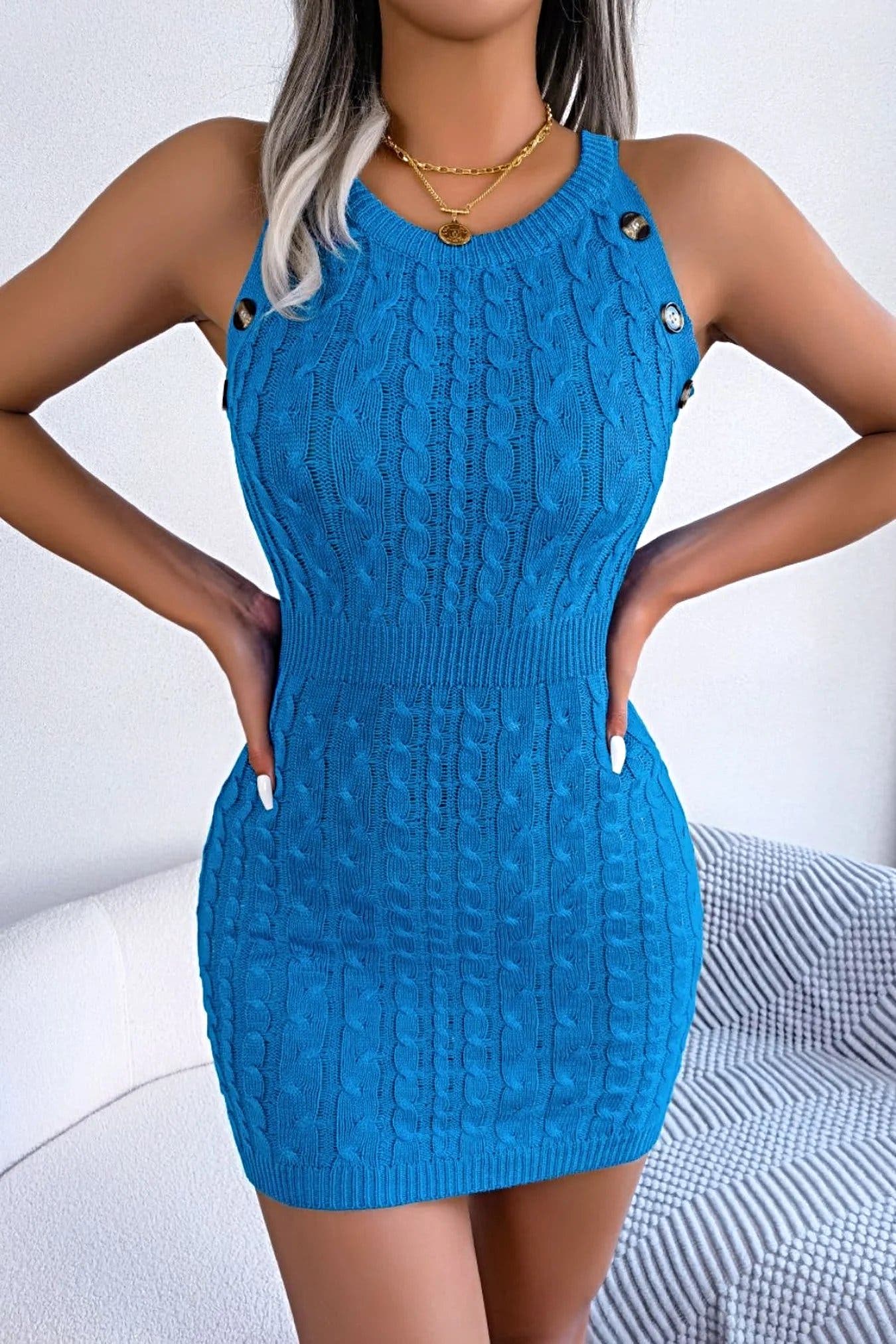 Decorative Button Sleeveless Cable-Knit Dress -