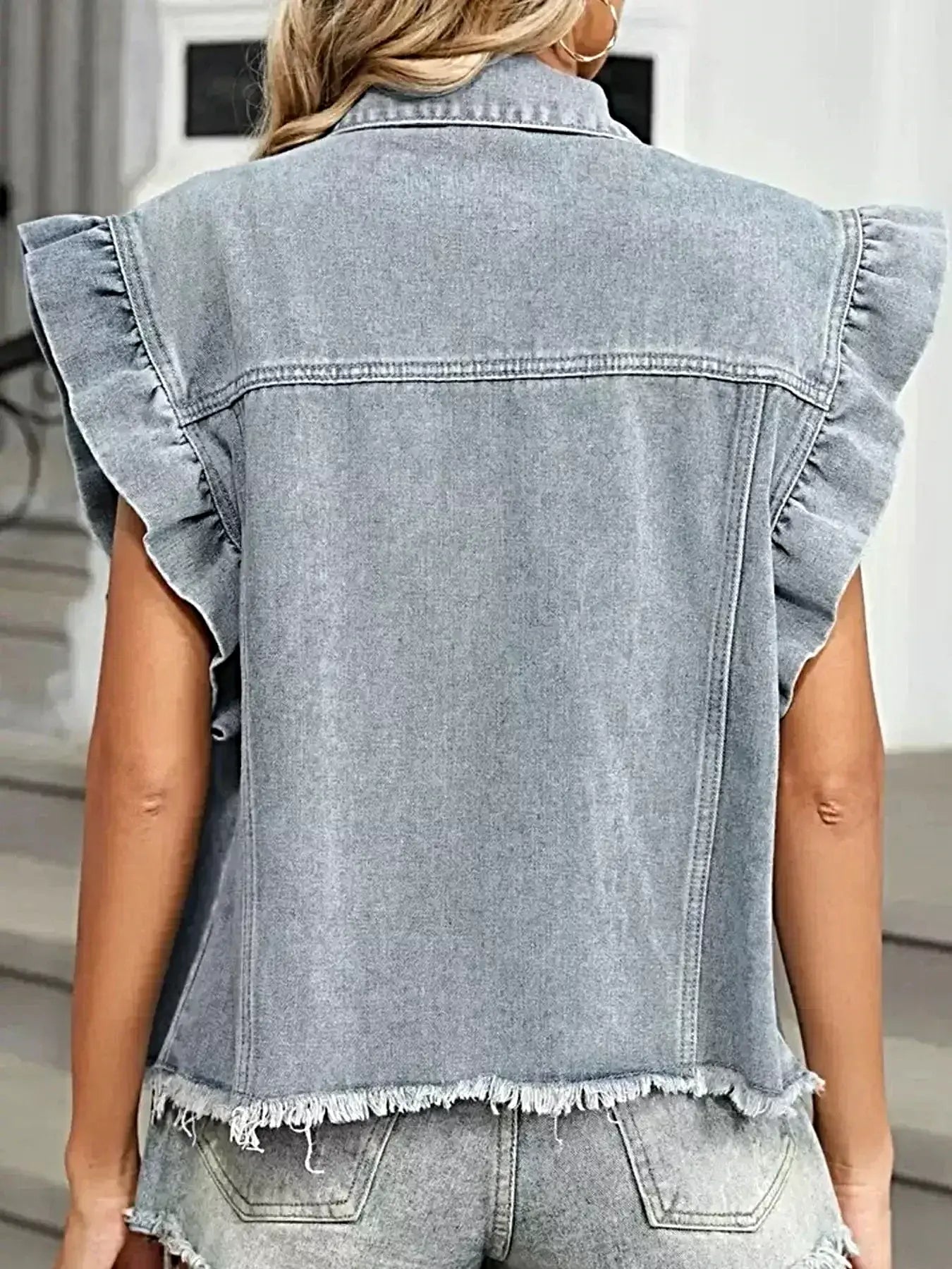 Ruffled Raw Hem Button Up Denim Jacket -
