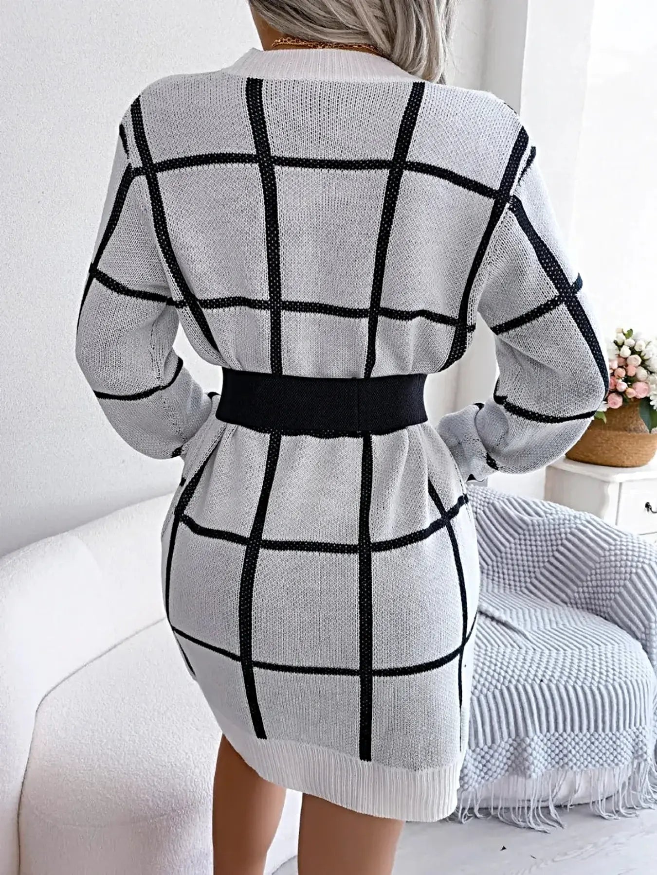 Plaid Round Neck Dropped Shoulder Sweater Dress -