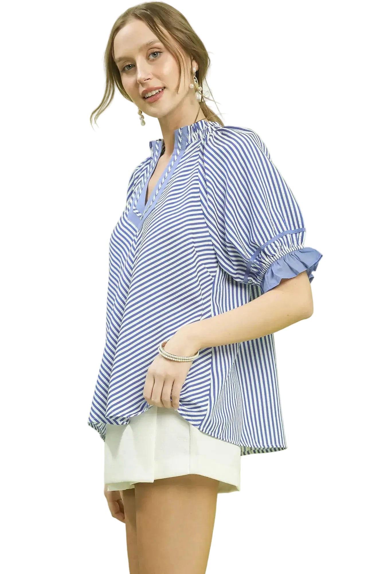 Umgee Stripe Ruffle Sleeve Split-Neck Blouse -
