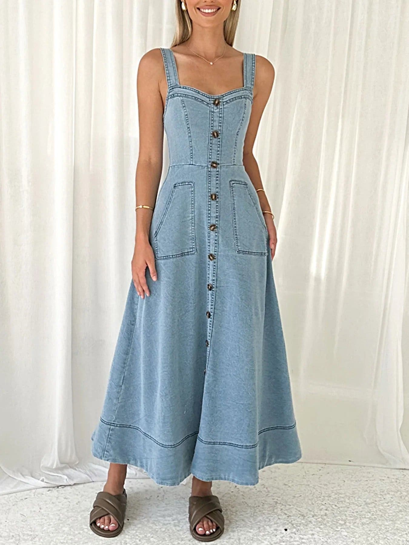 Decor Button Front A-Line Denim Dress -