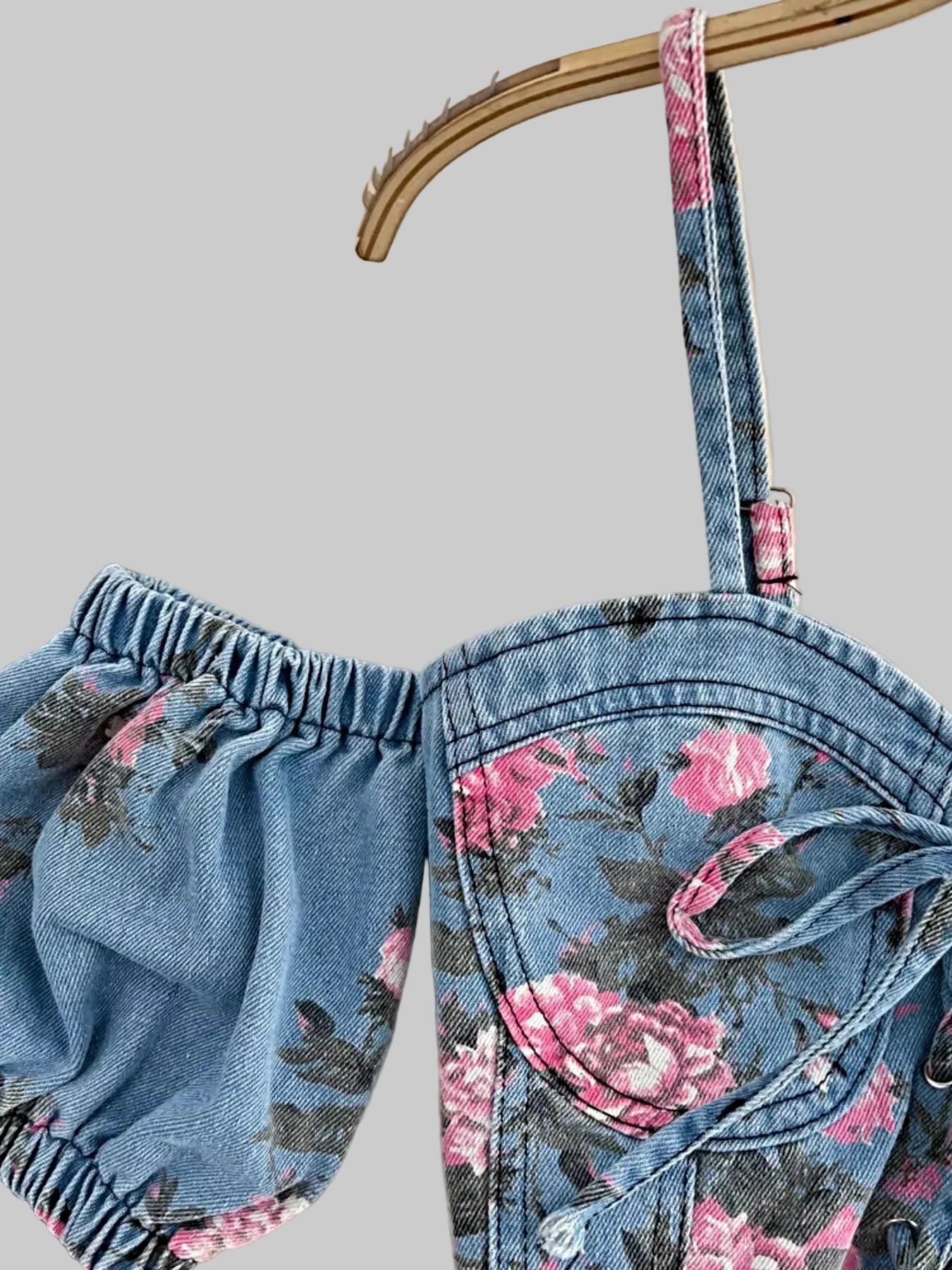 Floral Print Sweetheart Neck Cami and Skirt Denim Set -