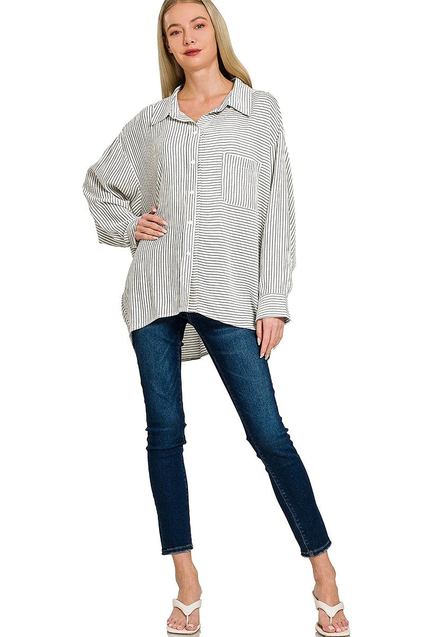 Zenana Woven Stripe Button Down Shirt -