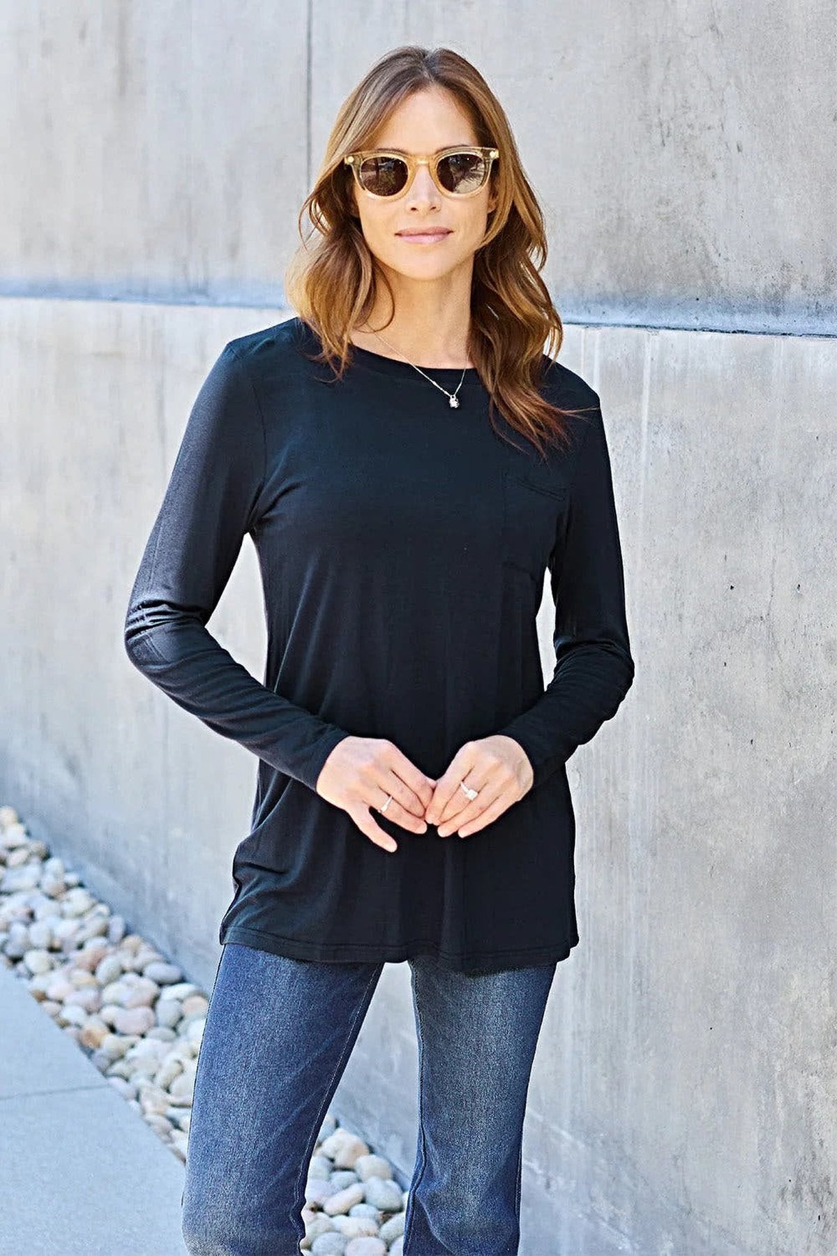 Opulent Basic Bae 100% Polyester Full Size Round Neck Long Sleeve Top with Pockets Trendsi