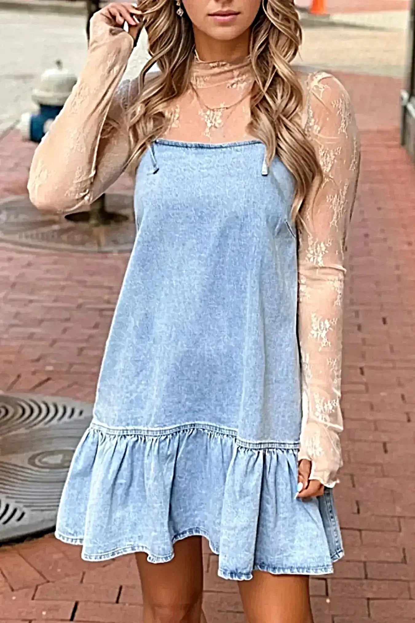 Bow Detail Spaghetti Straps Ruffle Hem Denim Dress -