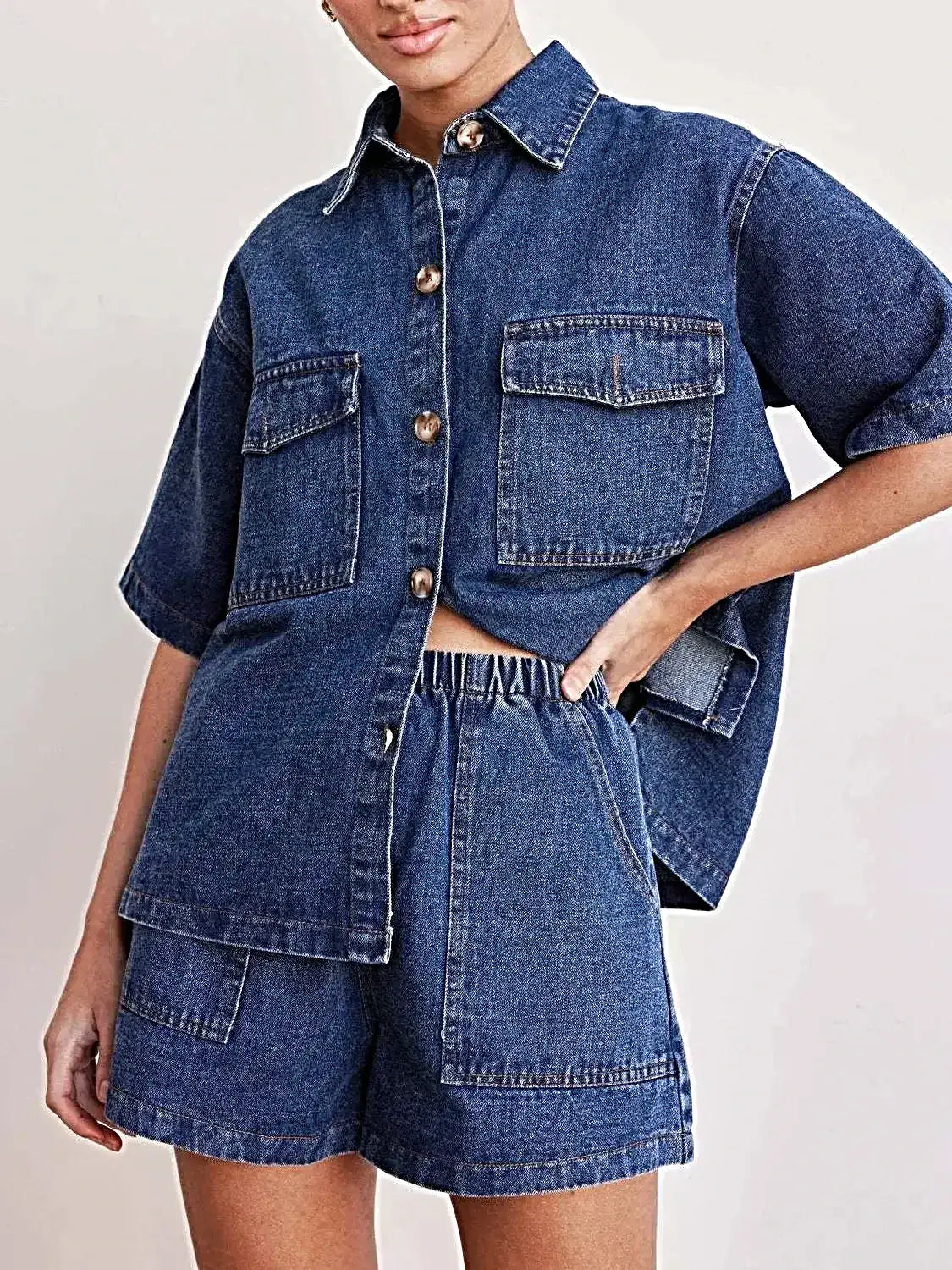 Button Up Short Sleeve Top and Shorts Denim Set -