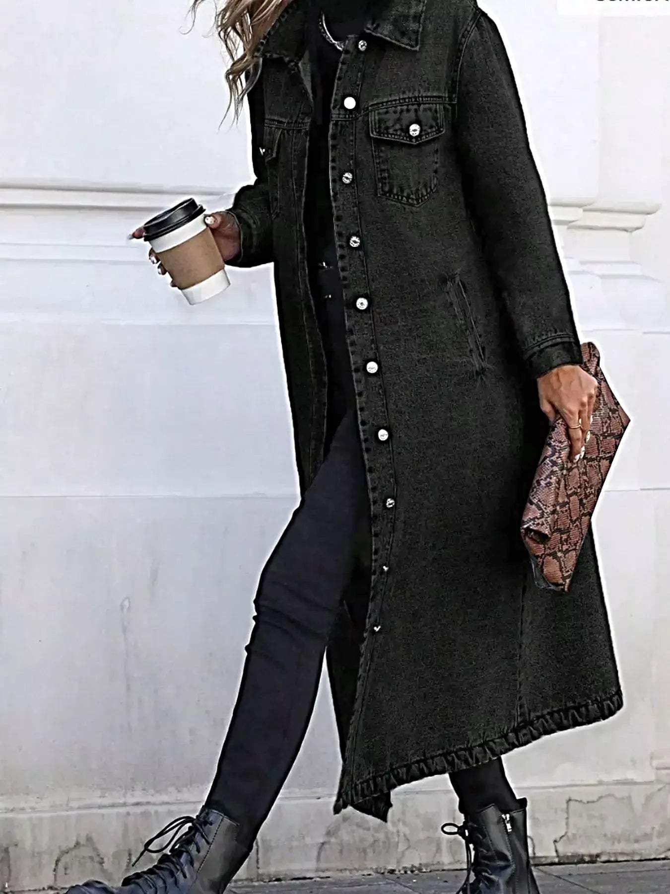 Longline Button-Front Denim Coat -