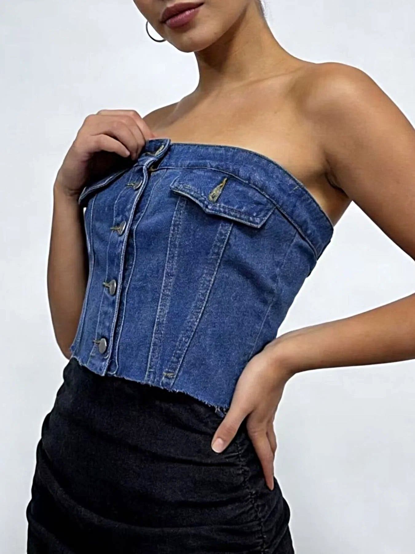 Button Front Denim Tube Top -