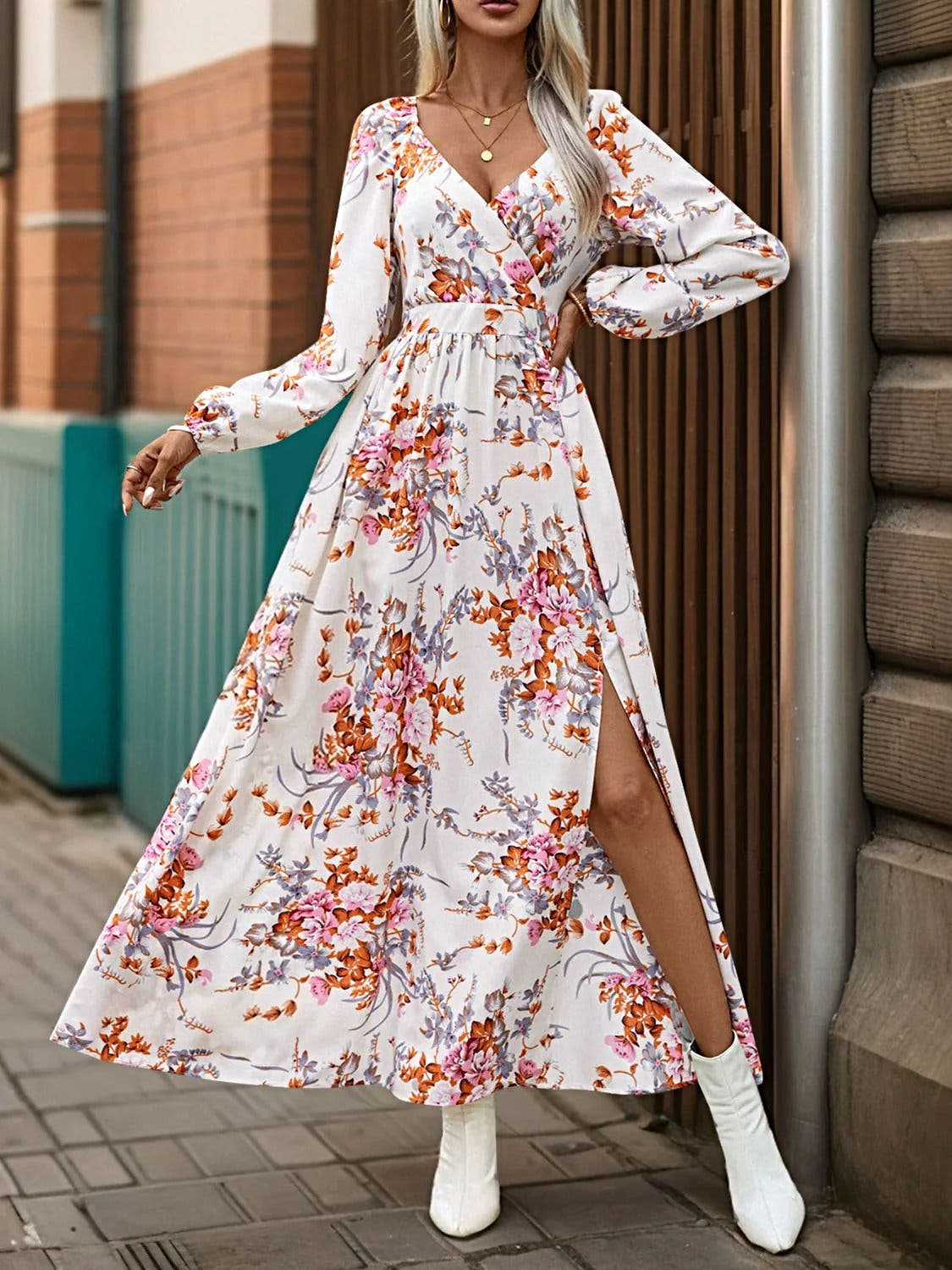 Perfee Elegant 100% Polyester Maxi Dress With Slit - Long Sleeve Surplice Design Trendsi