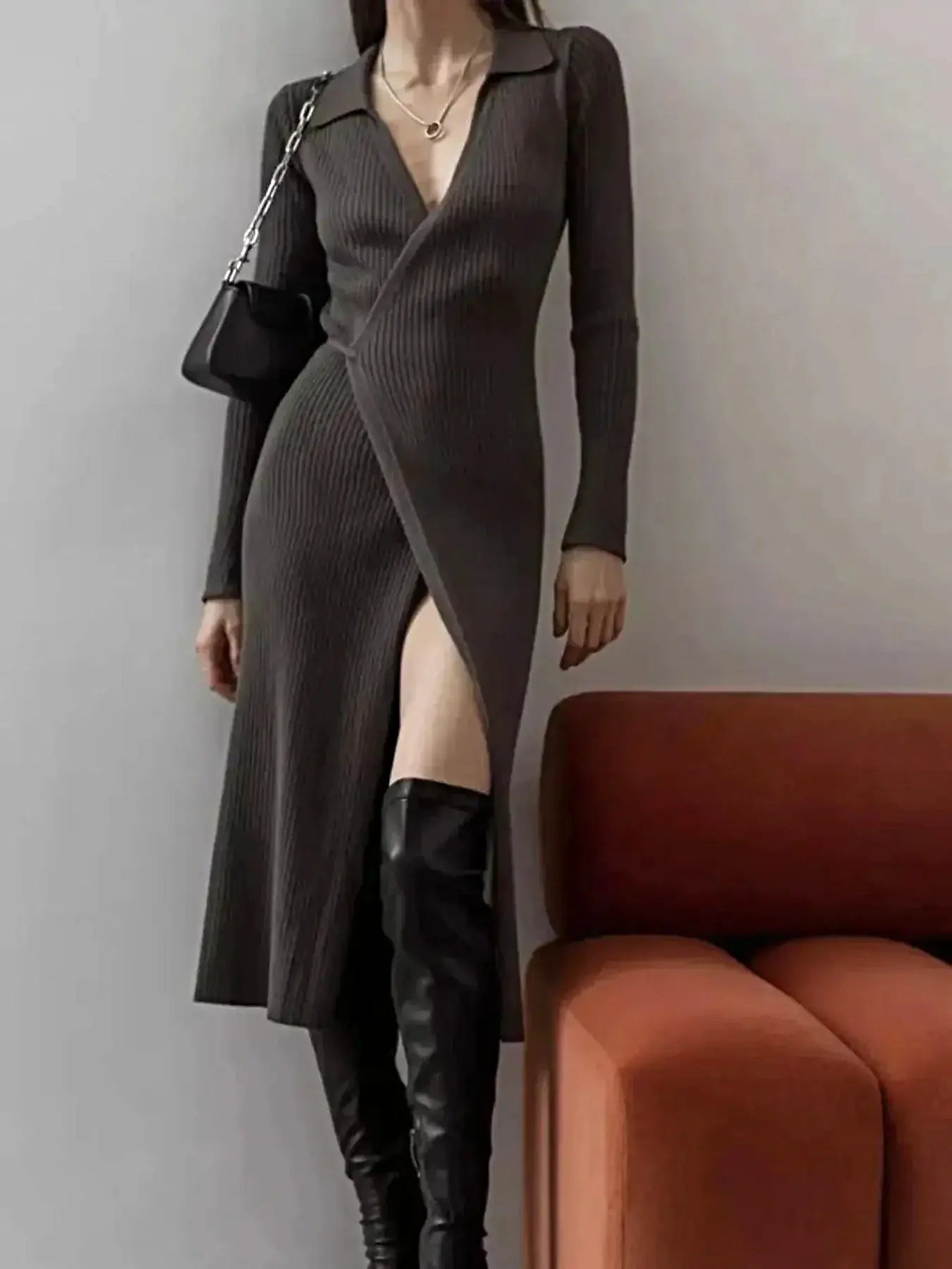 Tied Collared Neck Long Sleeve Sweater Dress -