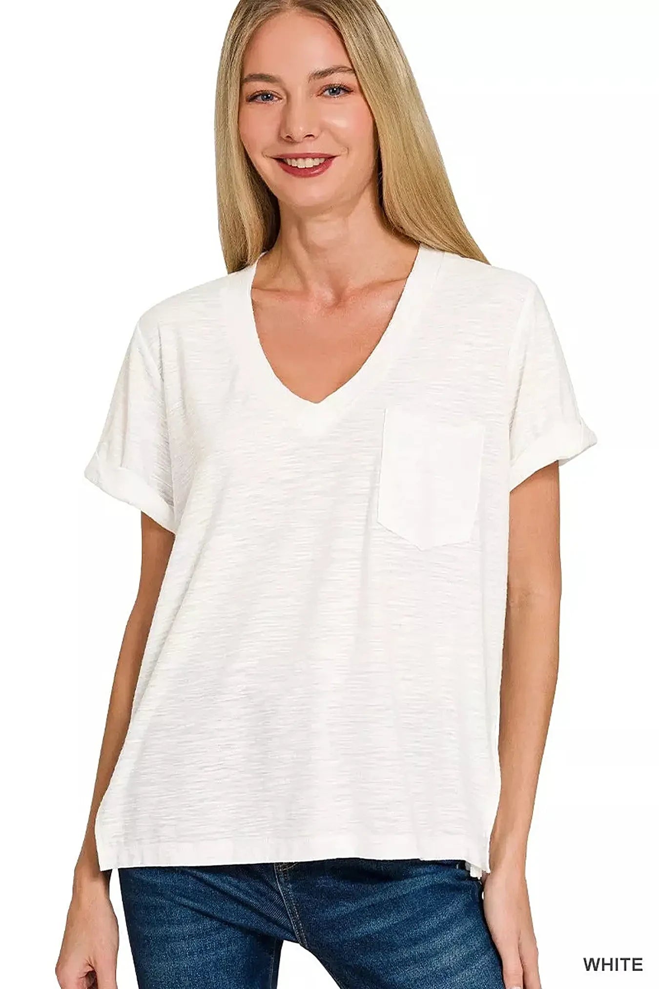 Zenana Slub Rolled Short Sleeve V-Neck Tee -