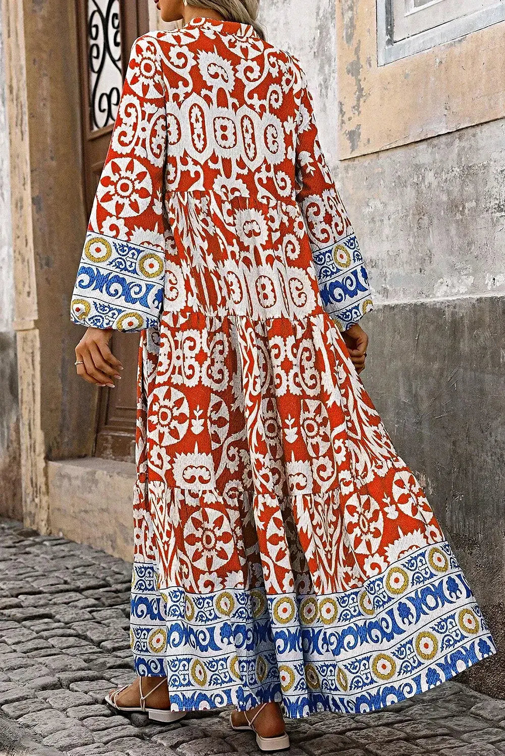Elegant Printed Maxi Dress with Notched Sleeves - 100% Polyester, Opaque, Basic Style Trendsi