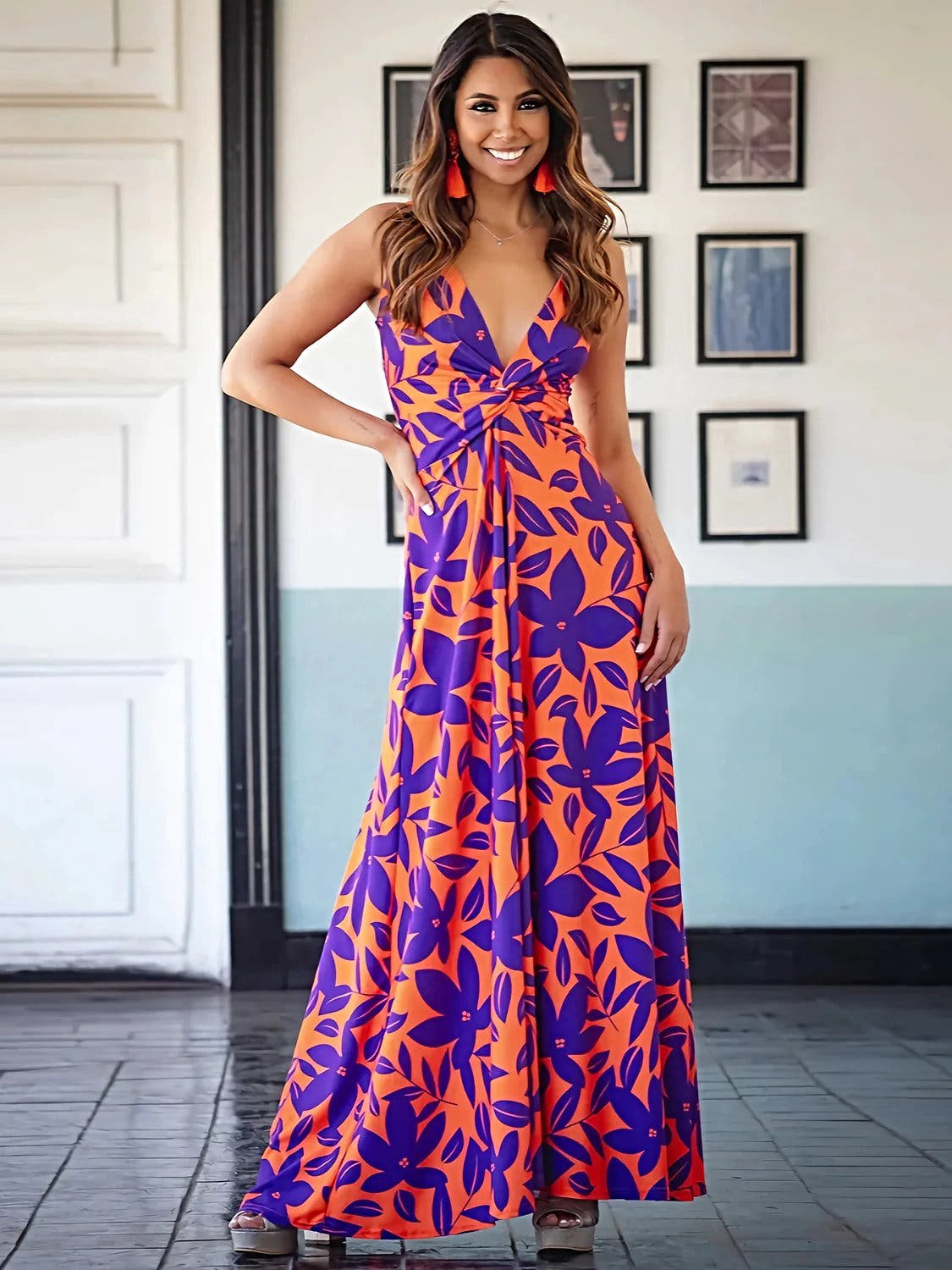 Twisted Printed V-Neck Cami Dress -