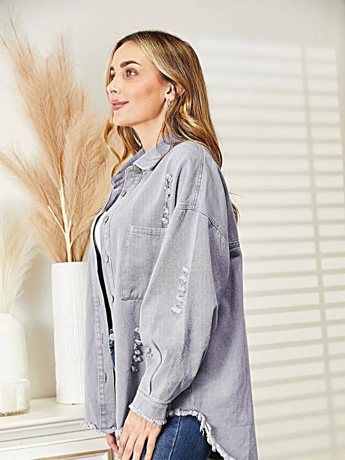 Distressed Raw Hem Denim Jacket -