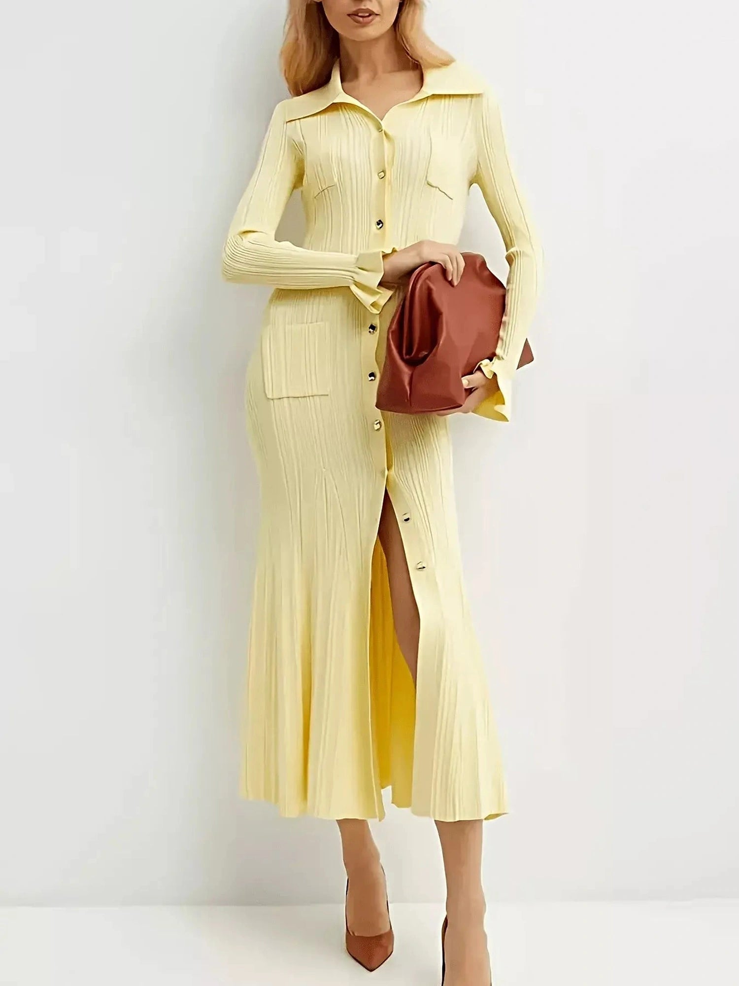 Button-Down Flounce Sleeve Sweater Dress -