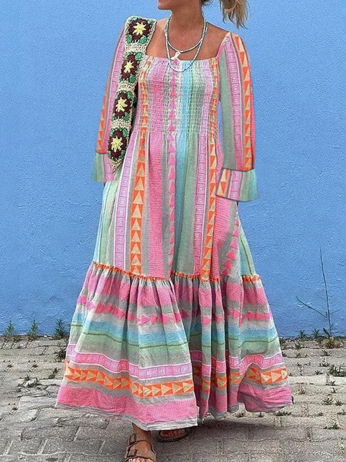 Ruffled Striped Long Sleeve Dress -