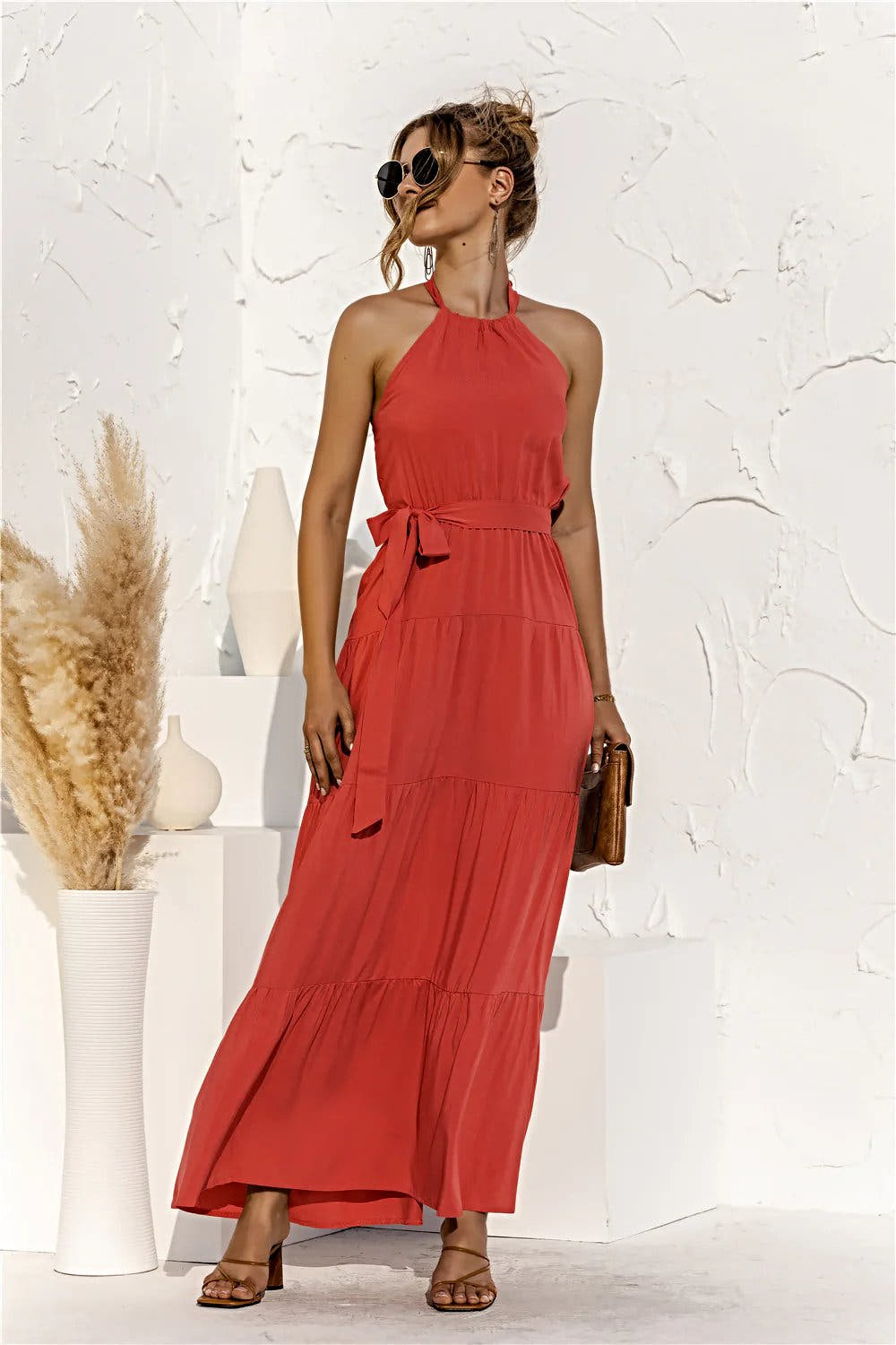 Halter Neck Tie Waist Tiered Maxi Dress -