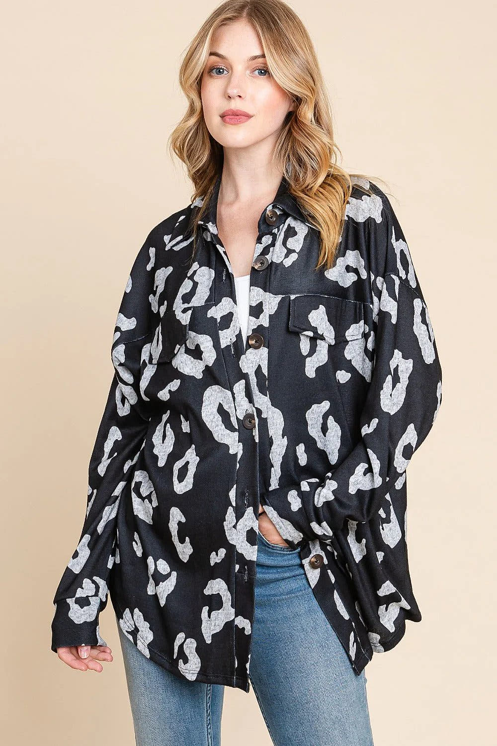 Stylish Animal Print Shacket with Button-Down Front and Pockets | Cozy Knit Layering Piece Trendsi
