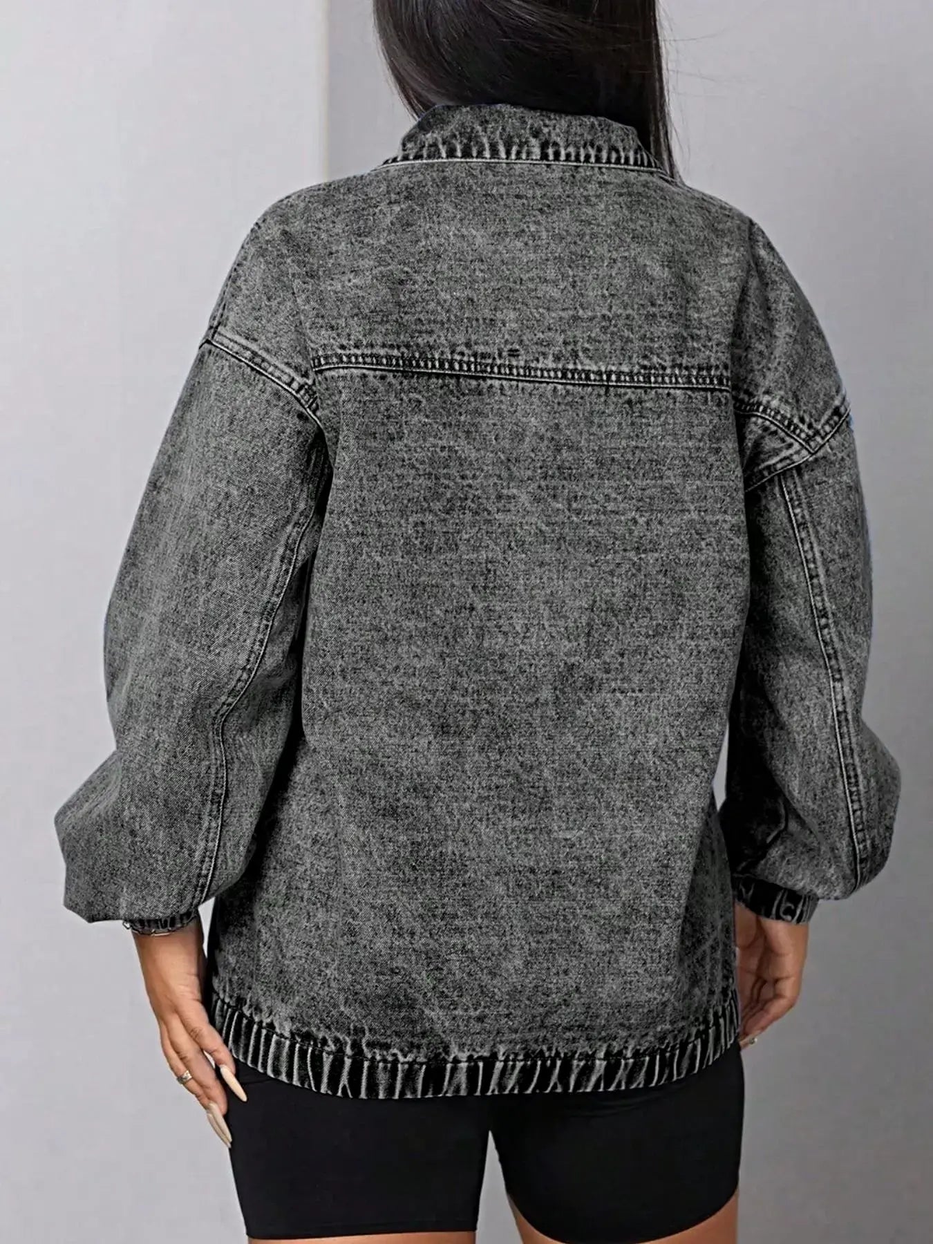 Elastic Hem Quarter Zip Denim Top -