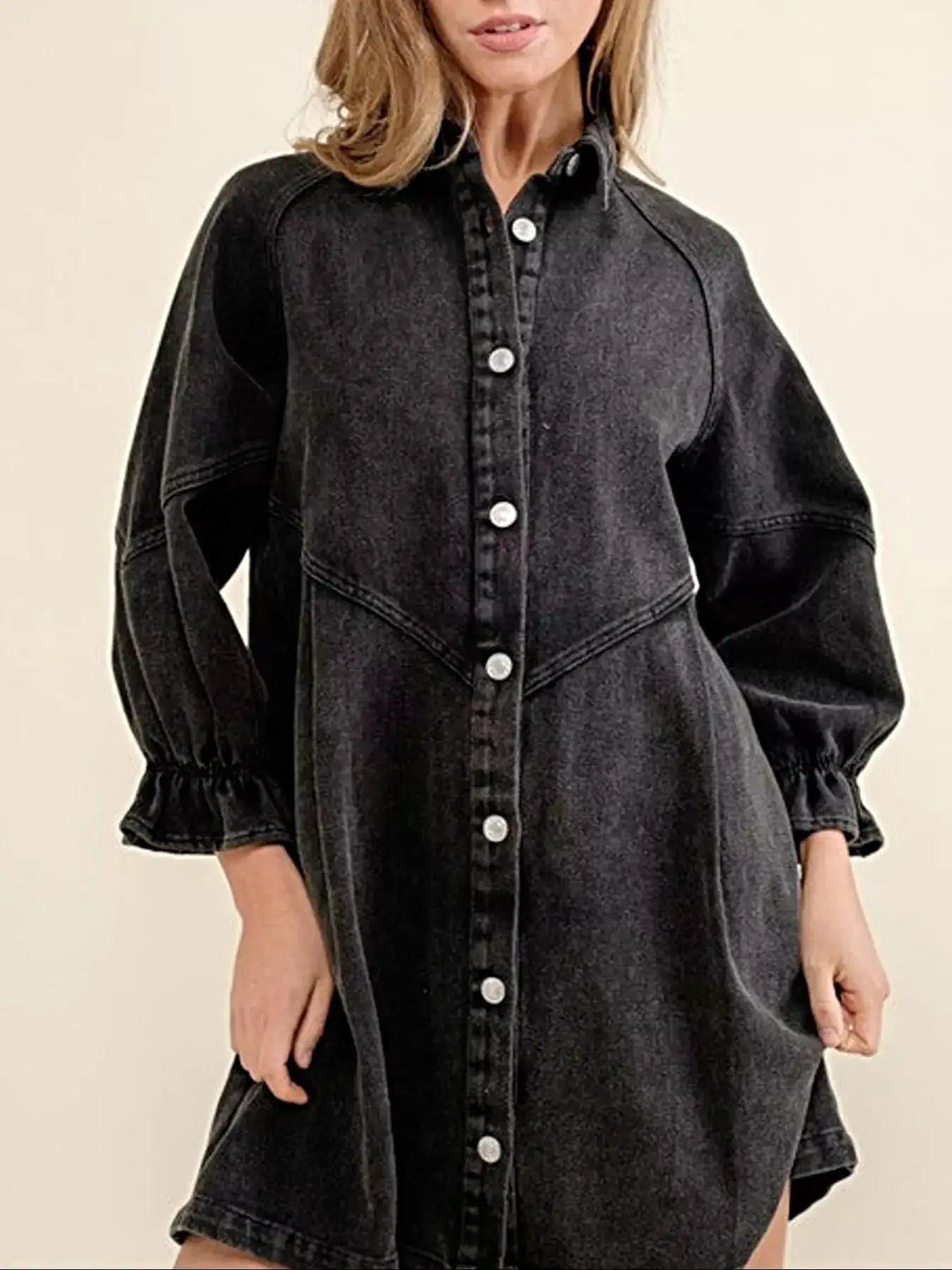 Ruffled Cuff Button-Down Denim Dress -