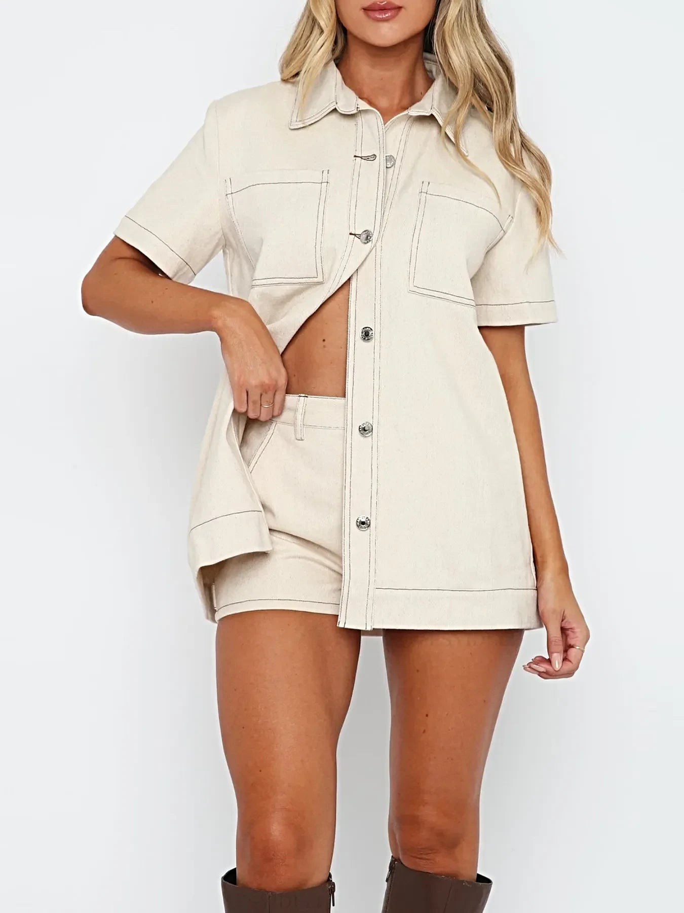 Button Up Short Sleeve Top and Shorts Denim Set -