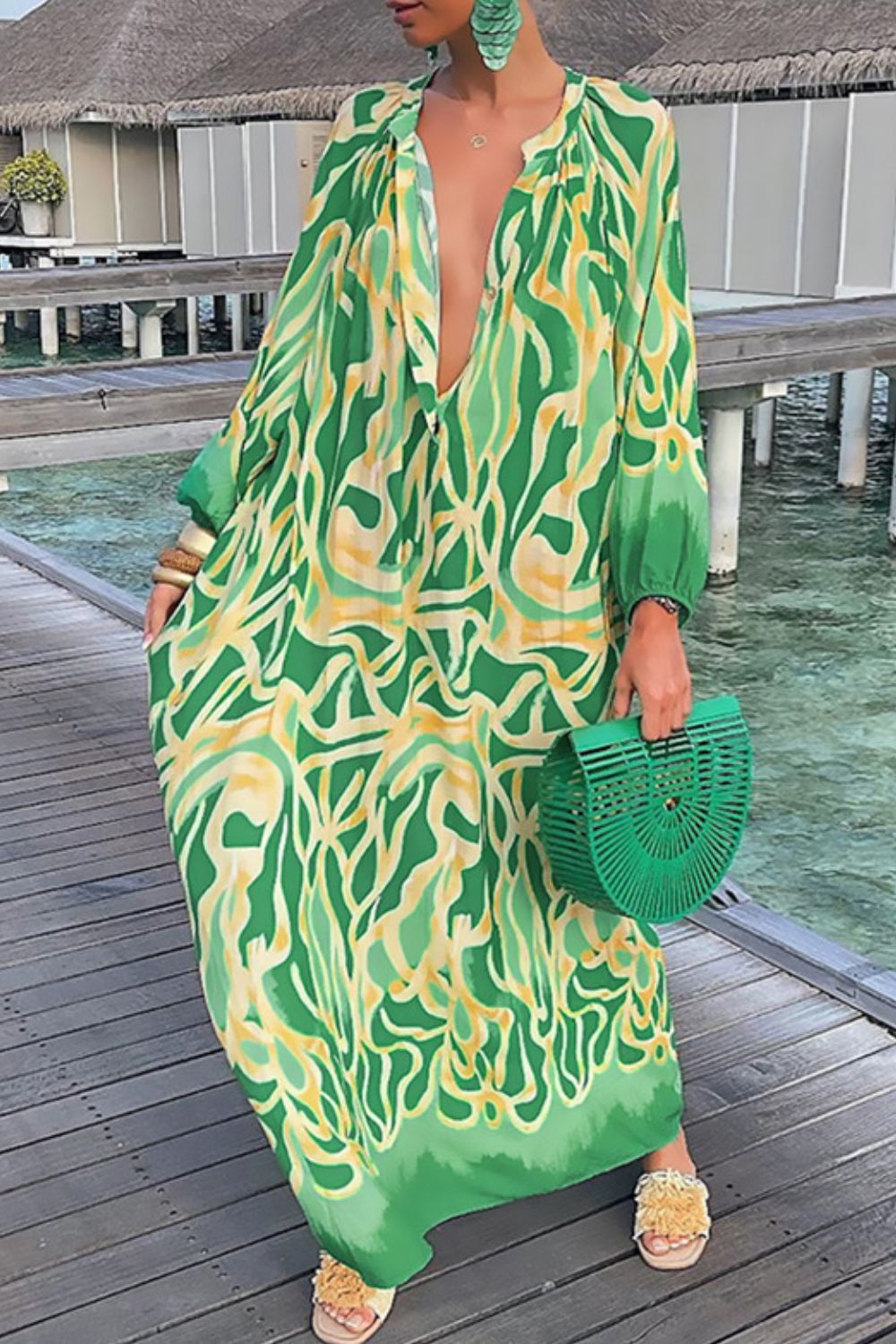 Elegant 100% Polyester Maxi Dress Abstract Print, Buttoned Balloon Sleeves & Notched Neckline Trendsi