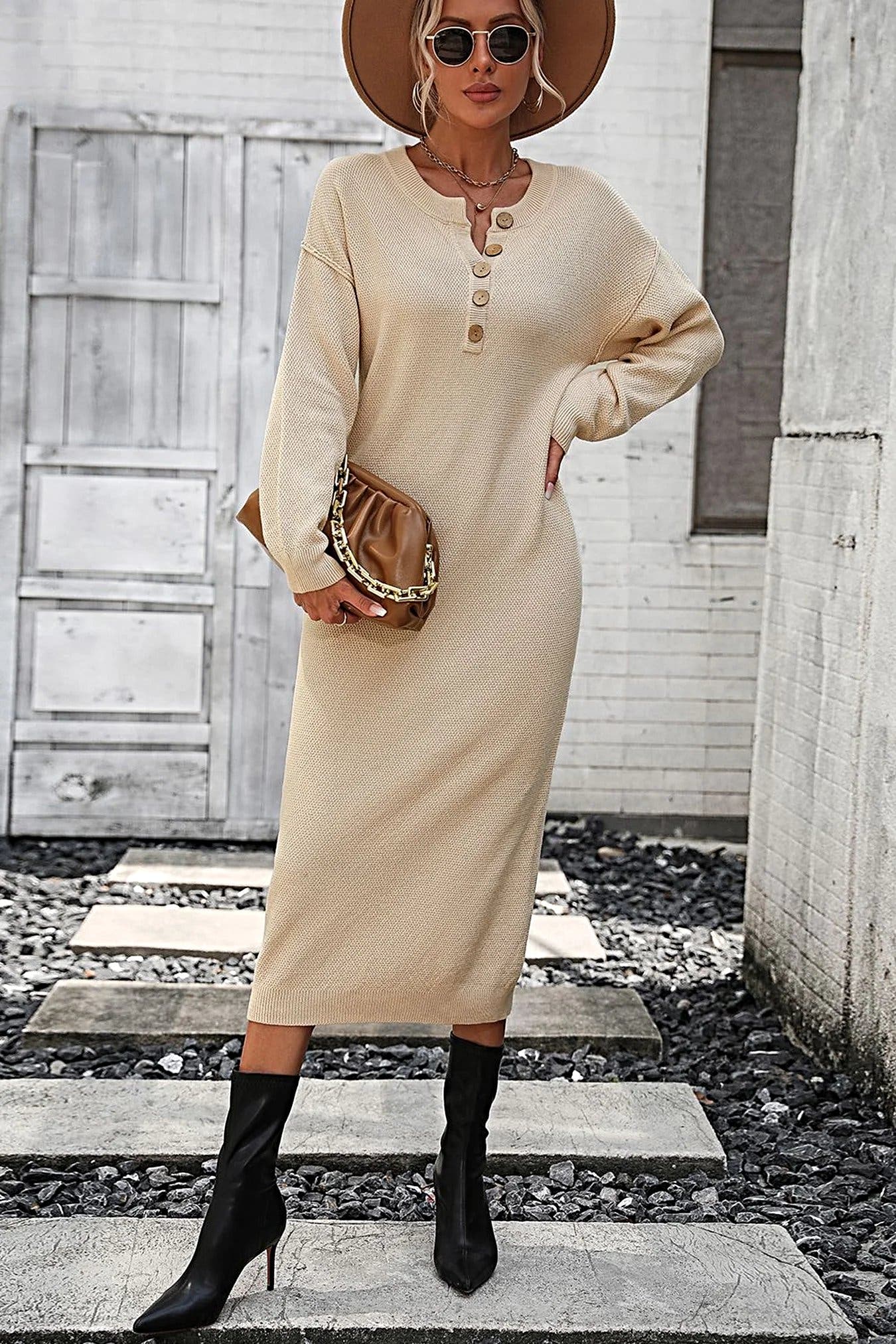 Notched Neck Dropped Shoulder Button-Down Midi Dress -