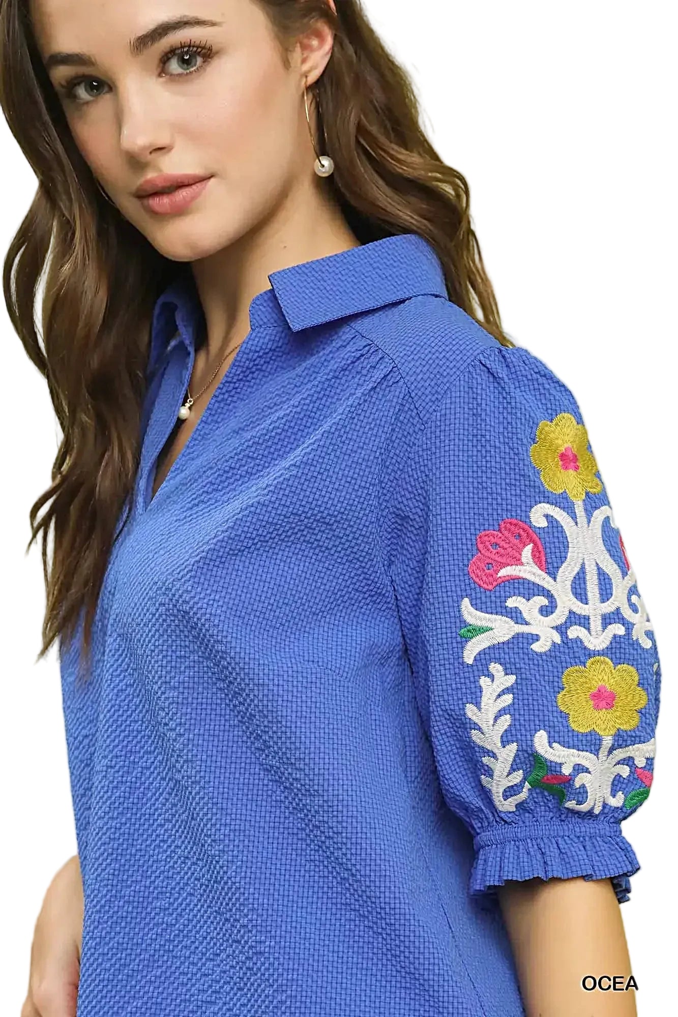 Umgee Seersucker Embroidered Sleeve Blouse -