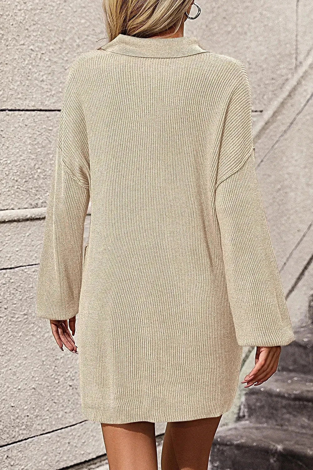 Collared Neck Long Sleeve Sweater Dress with Pockets -