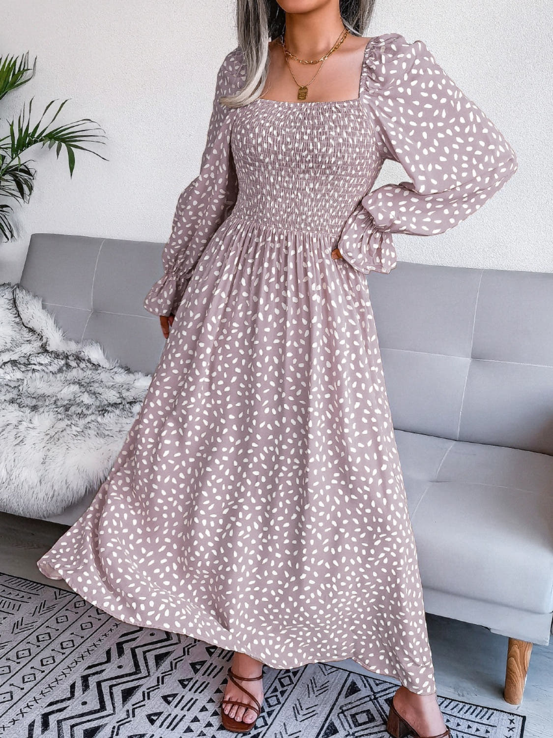 Smocked Square Neck Flounce Sleeve Dress -