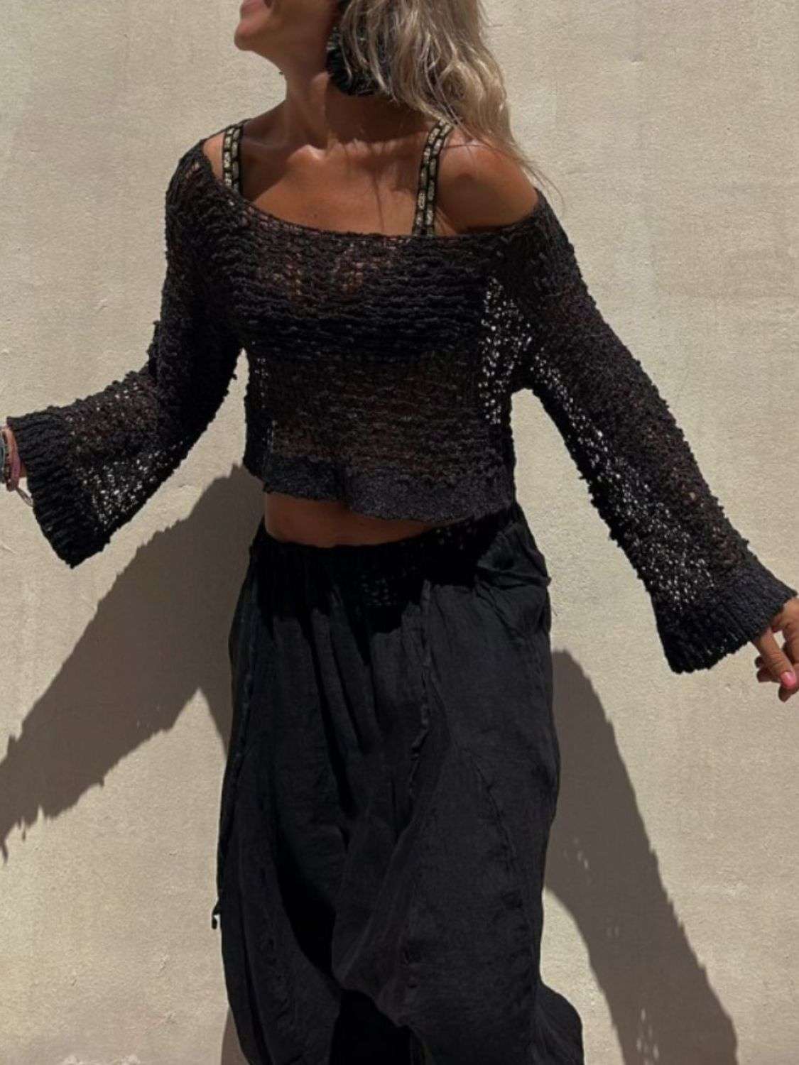Round Neck Long Sleeve Knit Cover Up Trendsi