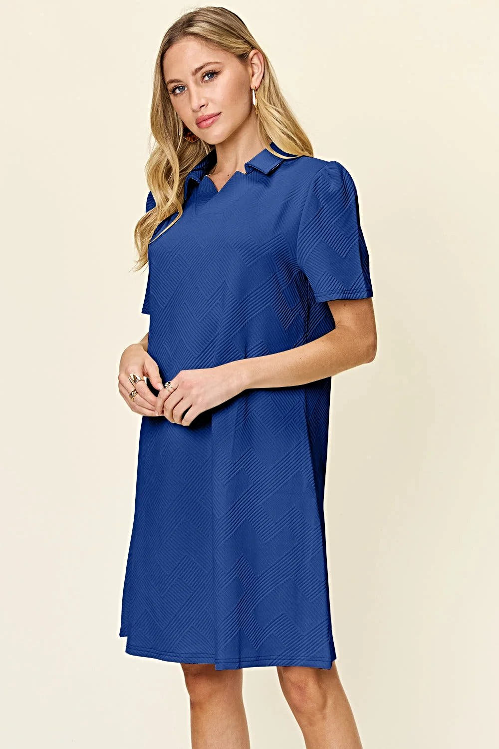 Elegant Double Take Short Sleeve Collar Dress - Textured Opaque Design, Slightly Stretchy, Machine Washable Trendsi