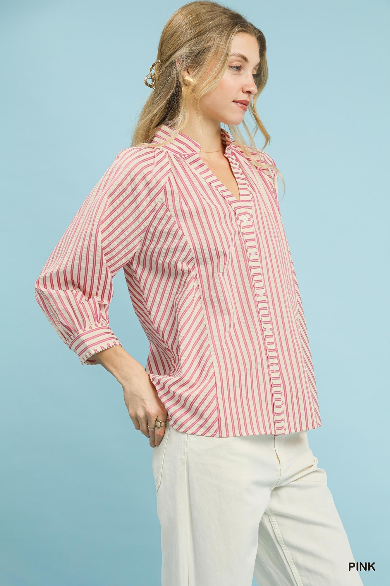 Umgee Striped V-Neck Button Down Top -