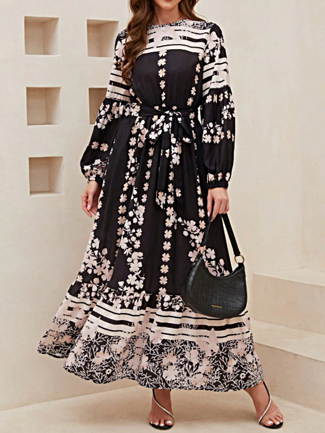 Elegant Printed Long Sleeve Maxi Dress with Pockets and Tied Detail Trendsi