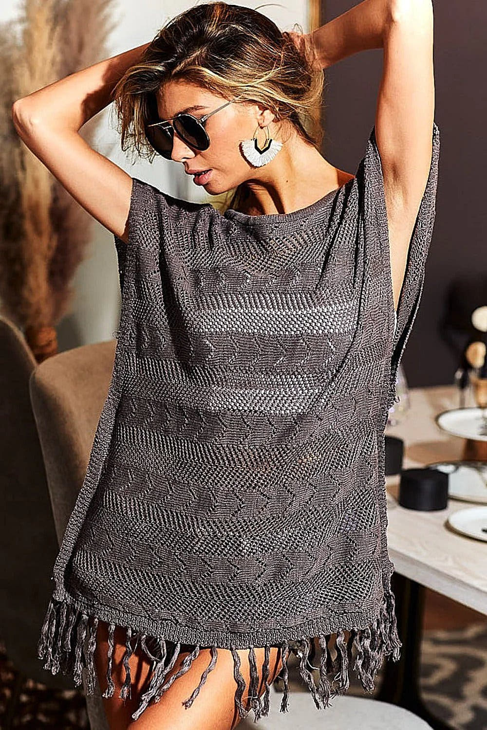 BiBi Fringed Hem Short Sleeve Knit Top -