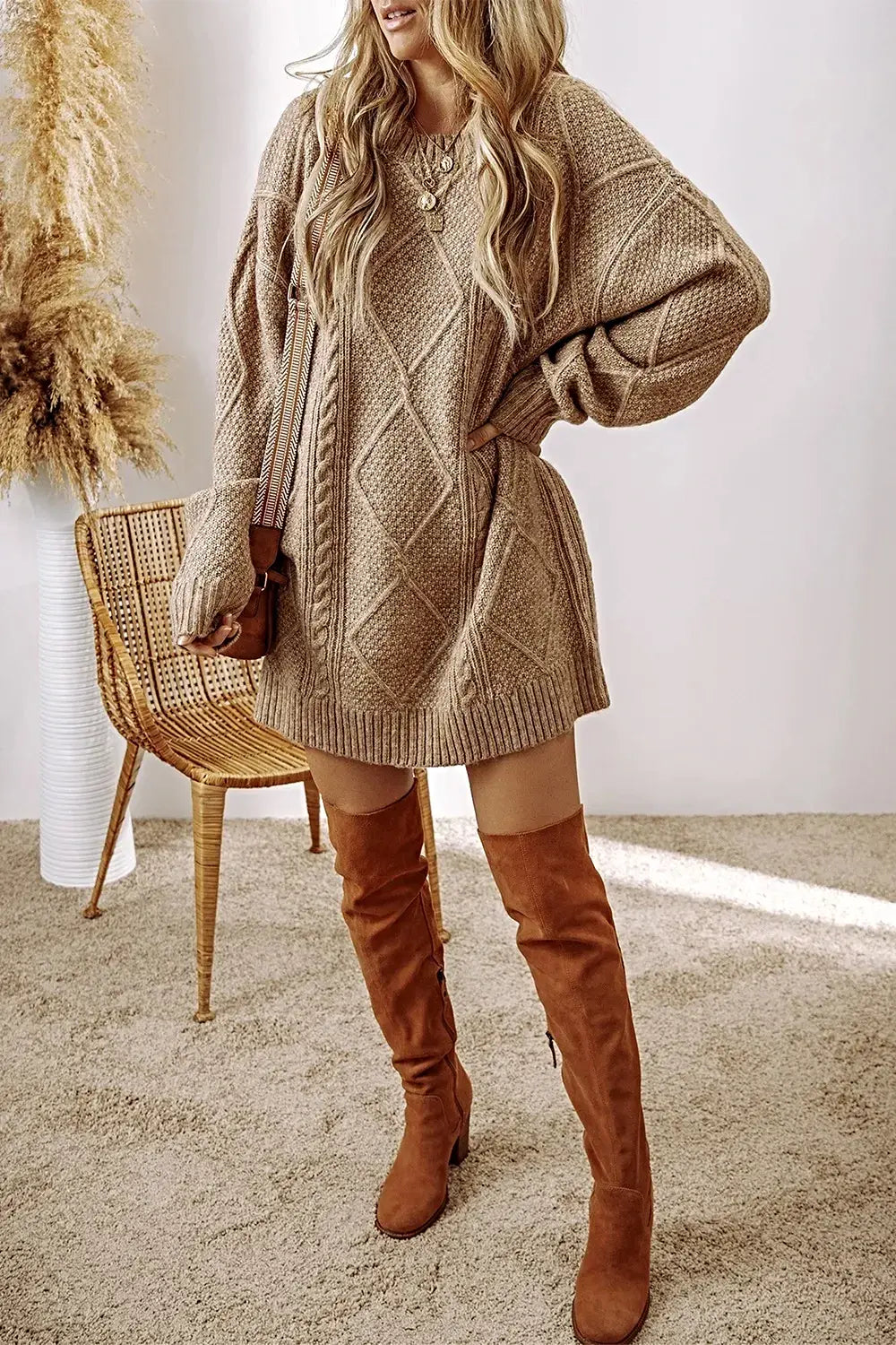 Cable-Knit Round Neck Sweater Dress -