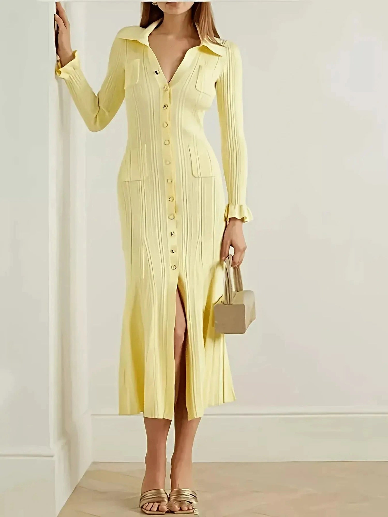 Button-Down Flounce Sleeve Sweater Dress -