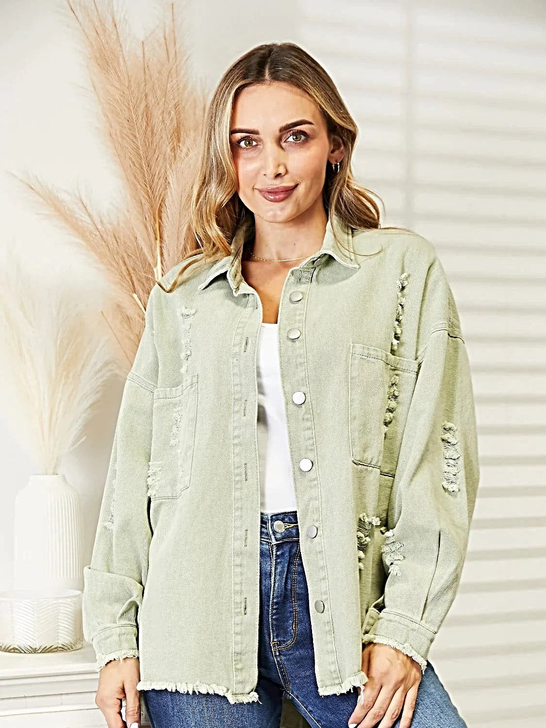 Distressed Raw Hem Denim Jacket -