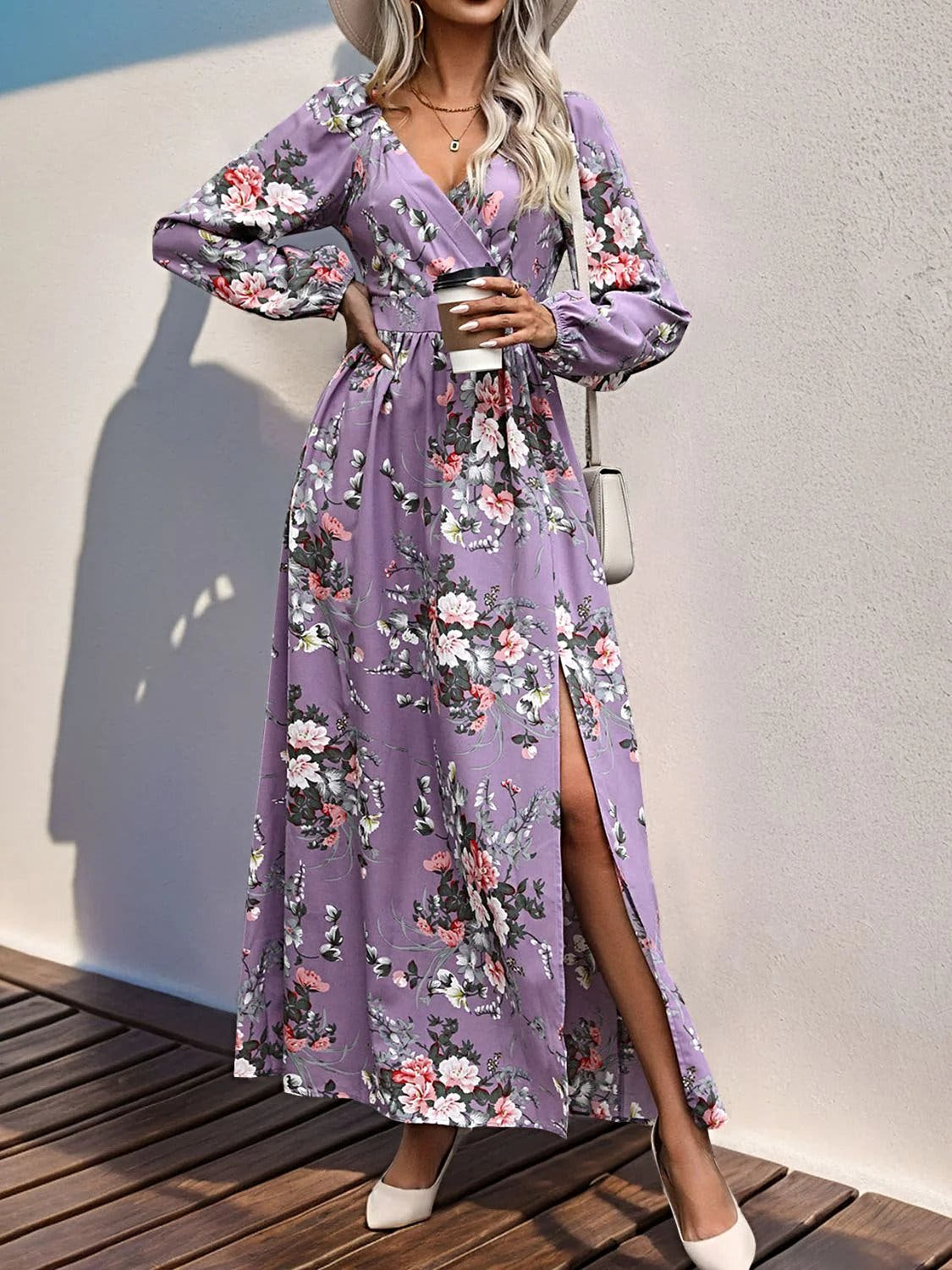 Perfee Elegant 100% Polyester Maxi Dress With Slit - Long Sleeve Surplice Design Trendsi